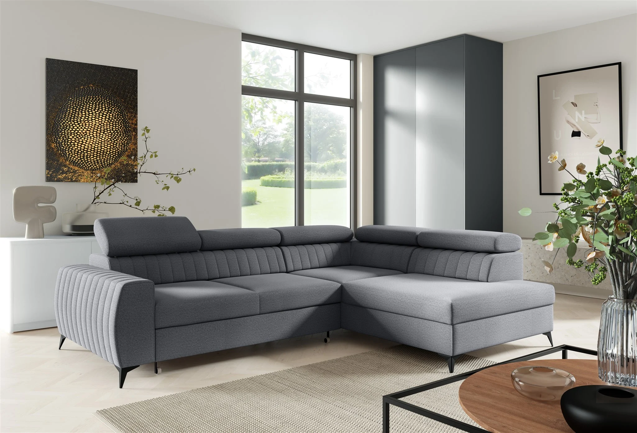 Ecksofa Schlafsofa Sofa TORONTO Stoff Element Grau Ottomane Rechts - Fun Moebel