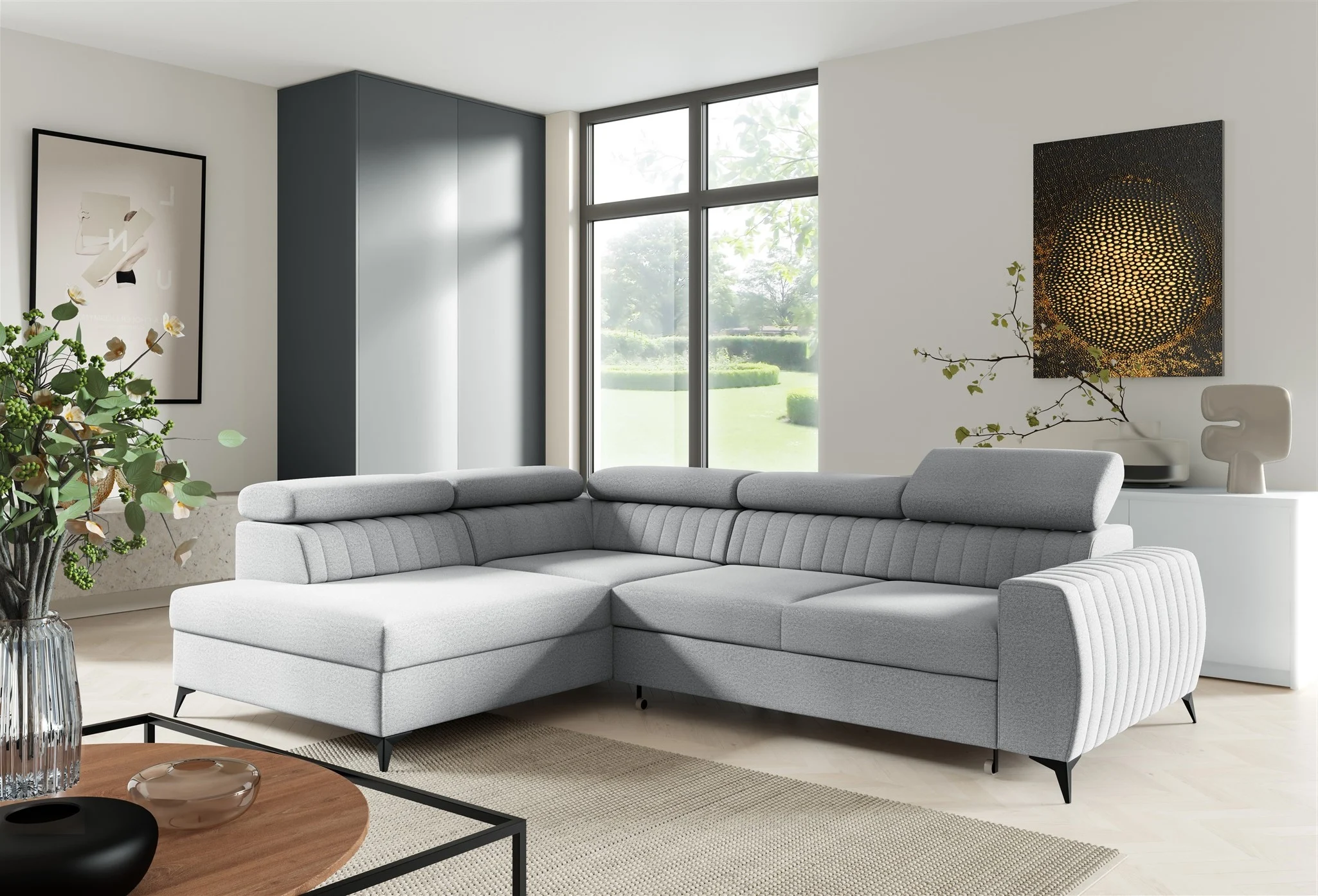 Ecksofa Schlafsofa Sofa TORONTO Stoff Element Hellgrau Ottomane Links - Fun Moebel