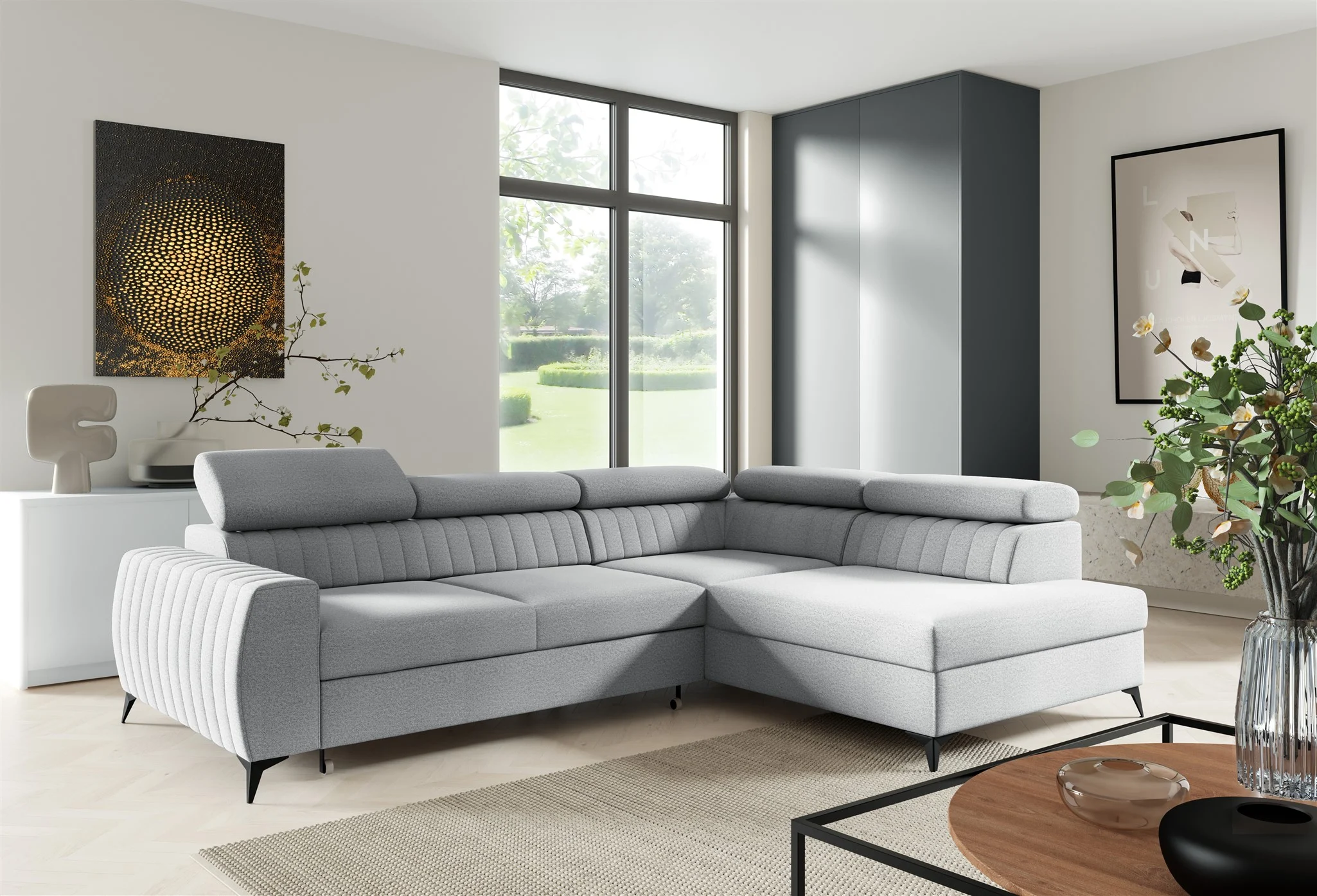 Ecksofa Schlafsofa Sofa TORONTO Stoff Element Hellgrau Ottomane Rechts - Fun Moebel
