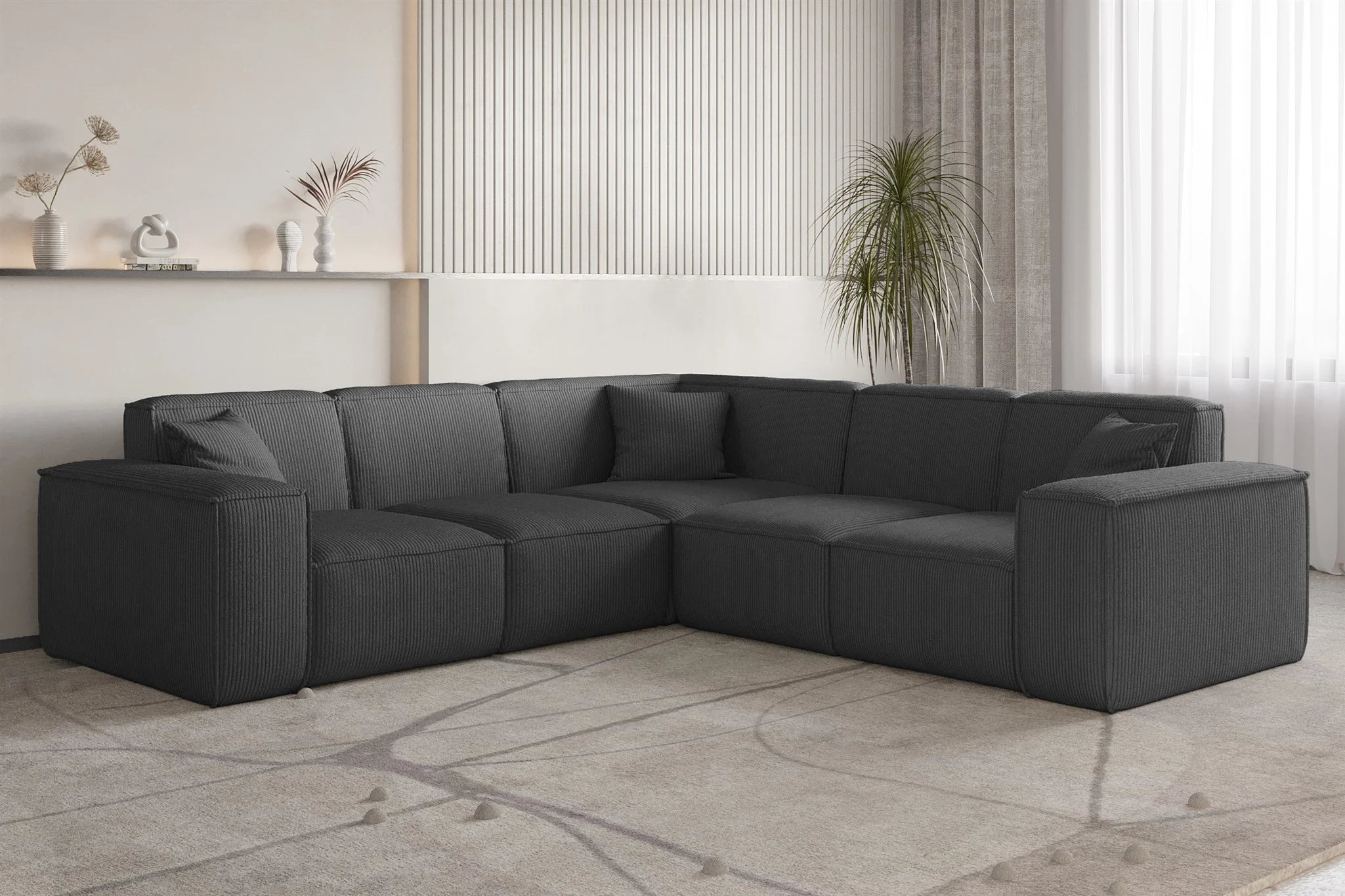 Ecksofa Designersofa CELES PREMIUM in Stoff Scala Anthrazit Seite Universal - Fun Möbel