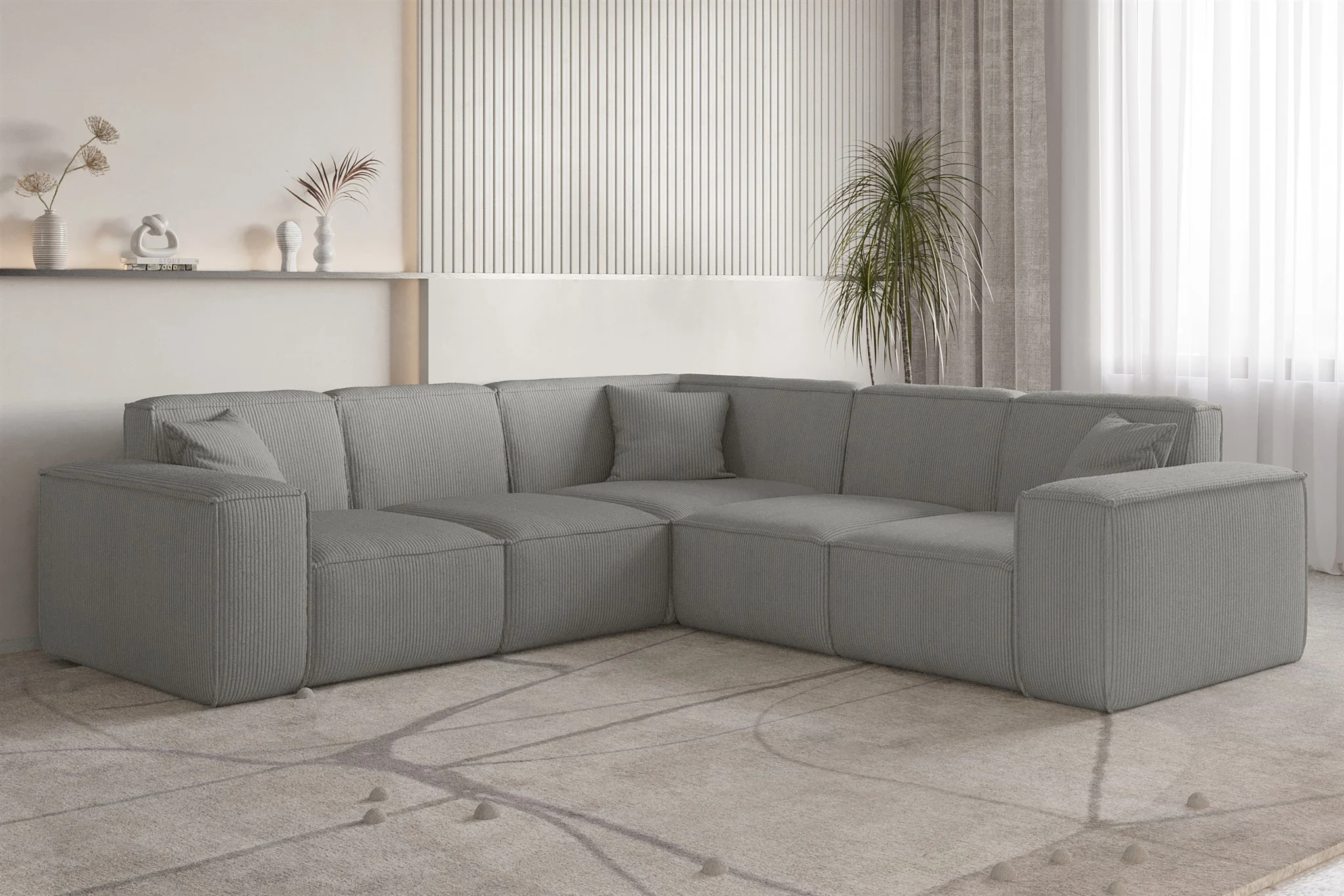 Ecksofa Designersofa CELES PREMIUM in Stoff Scala Grau Seite Universal - Fun Möbel