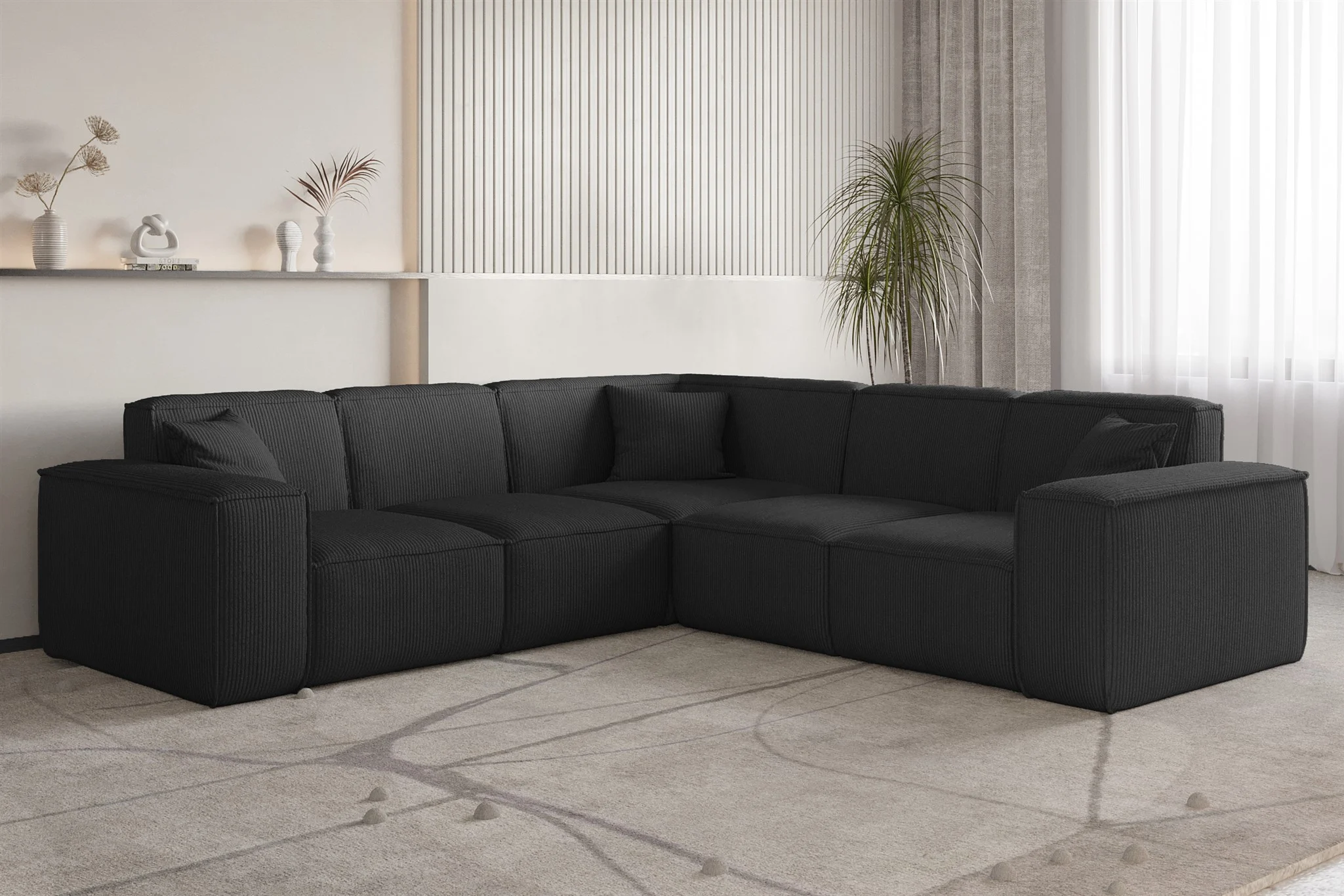 Ecksofa Designersofa CELES PREMIUM in Stoff Scala Schwarz Seite Universal - Fun Möbel