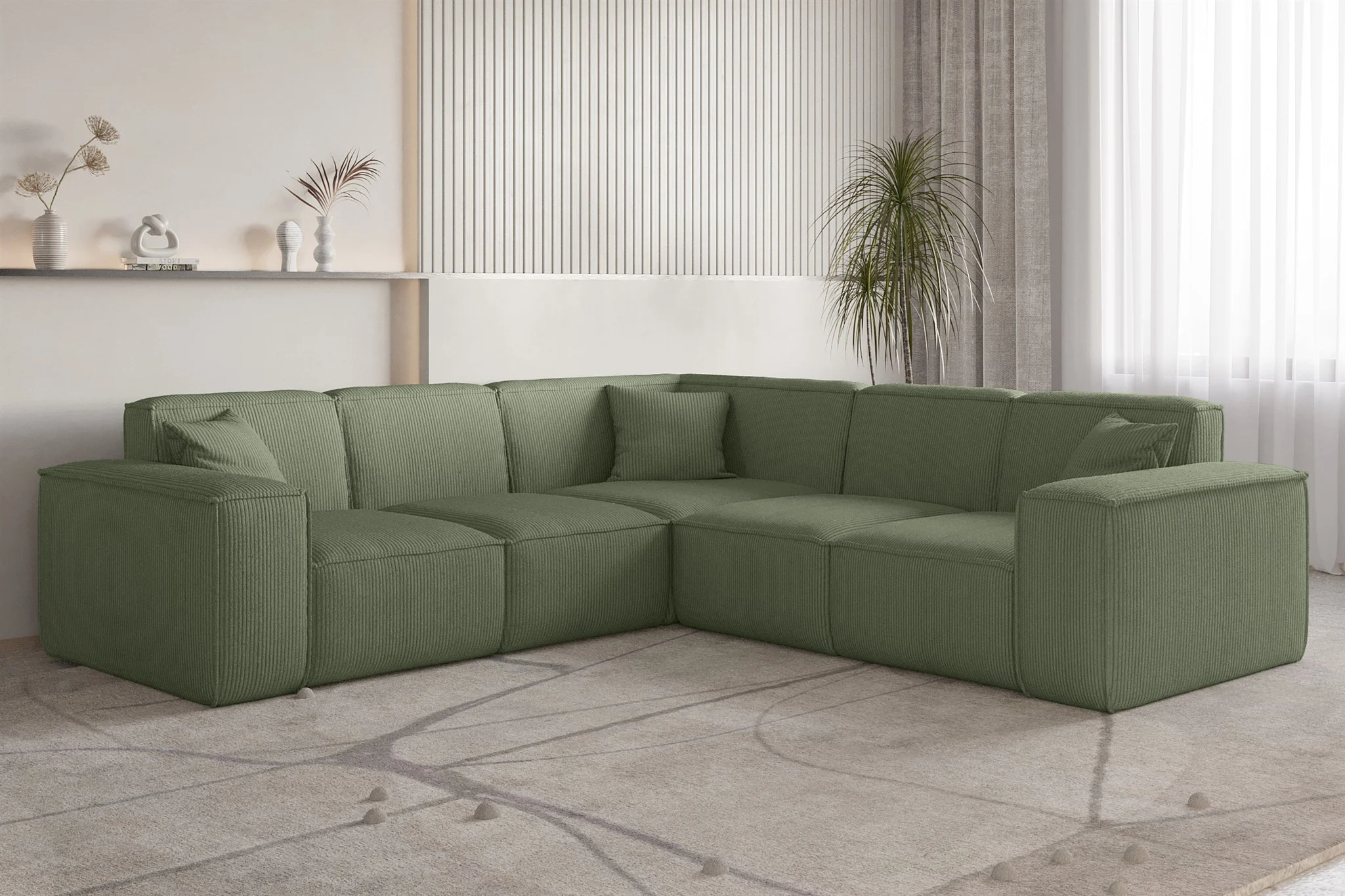 Ecksofa Designersofa CELES PREMIUM in Stoff Scala Forest Seite Universal - Fun Möbel