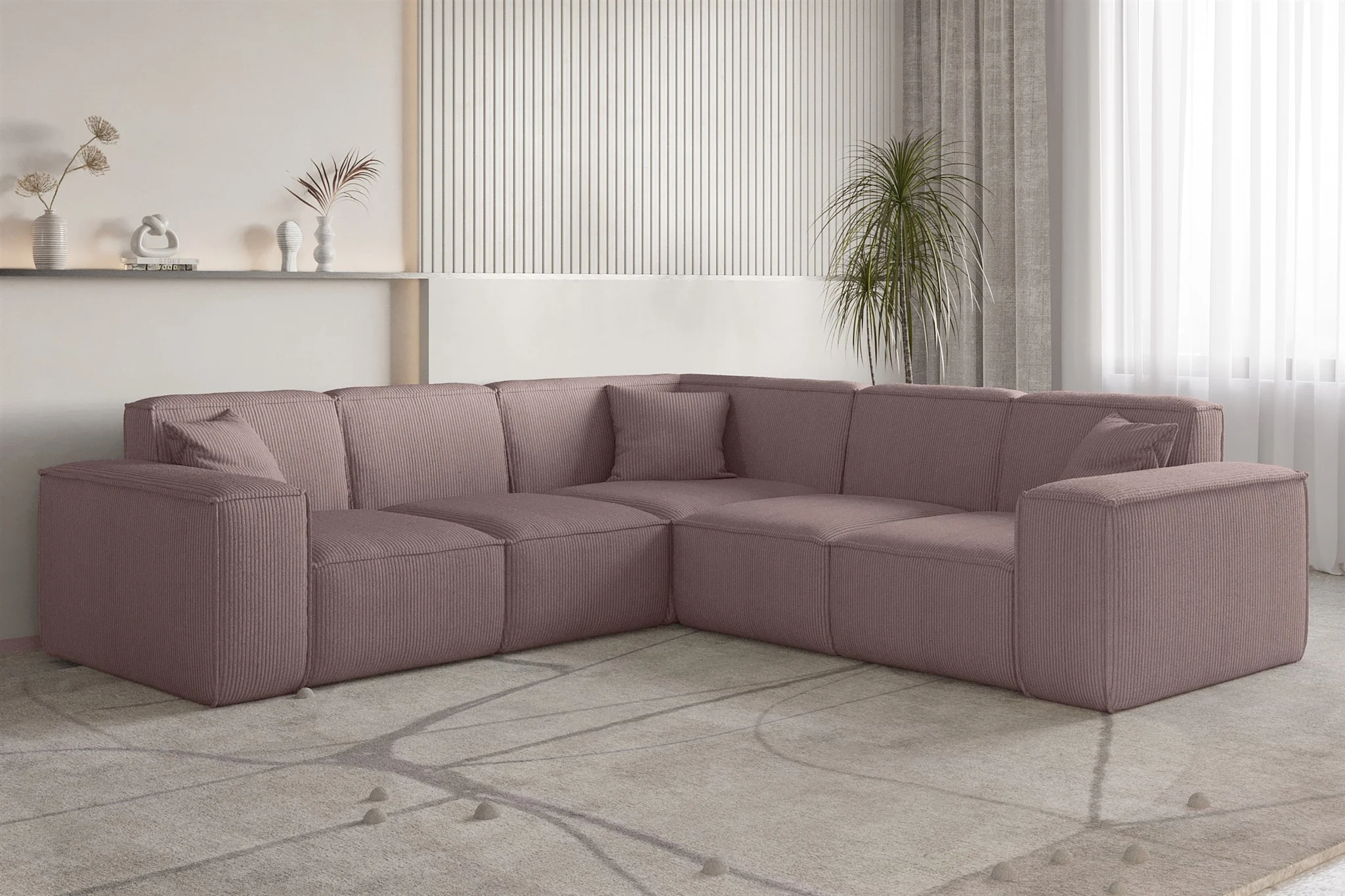 Ecksofa Designersofa CELES PREMIUM in Stoff Scala Lavendel Seite Universal - Fun Möbel