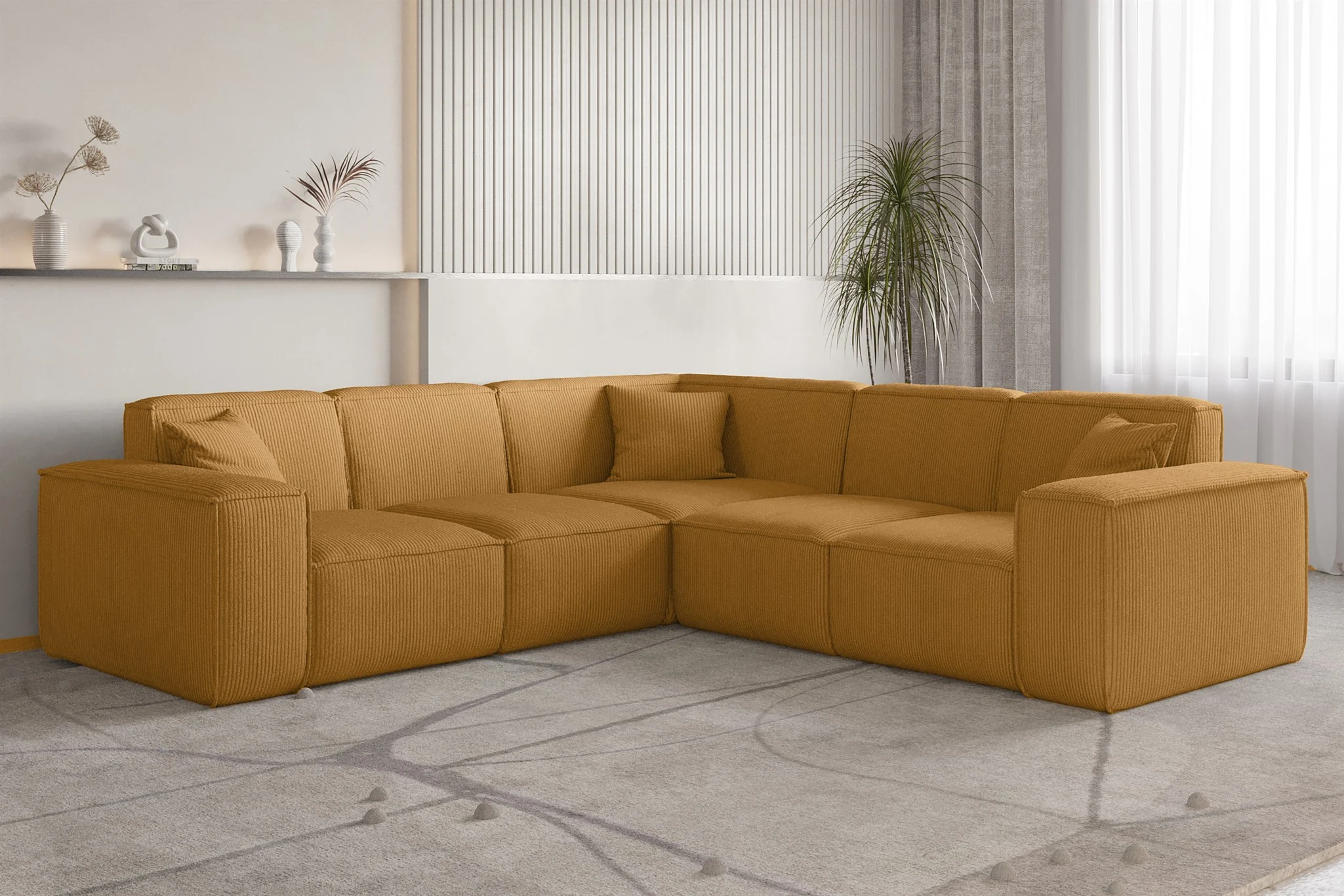 Ecksofa Designersofa CELES PREMIUM in Stoff Scala Senfgelb Seite Universal - Fun Möbel