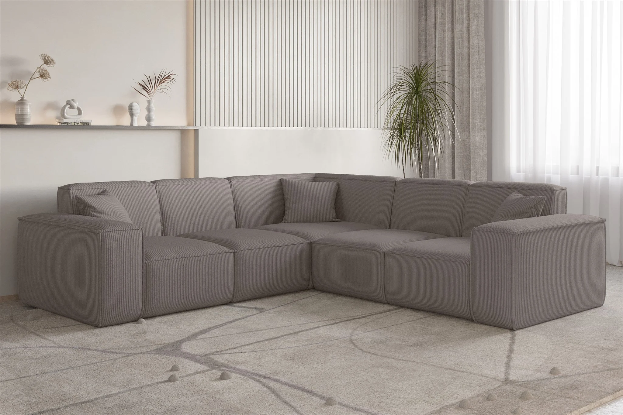 Ecksofa Designersofa CELES PREMIUM in Stoff Scala Taupe Seite Universal - Fun Möbel