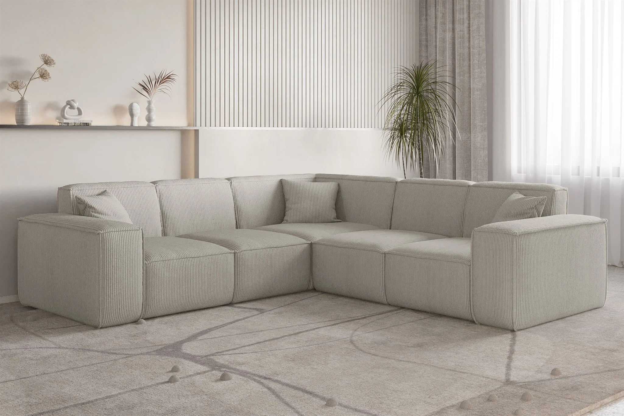 Ecksofa Designersofa CELES PREMIUM in Stoff Scala Sandgrau Seite Universal - Fun Möbel
