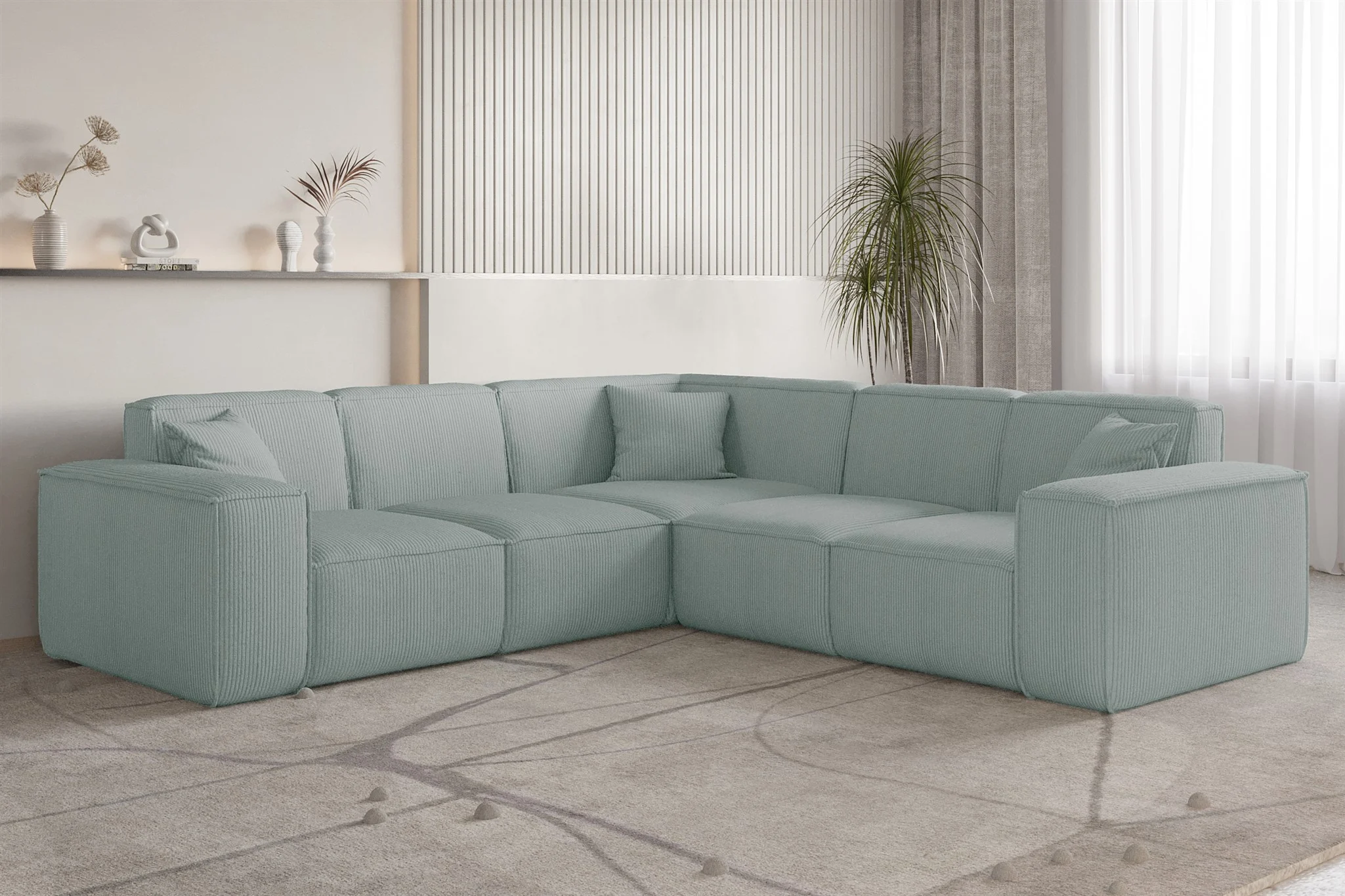 Ecksofa Designersofa CELES PREMIUM in Stoff Scala Saphirblau Seite Universal - Fun Möbel