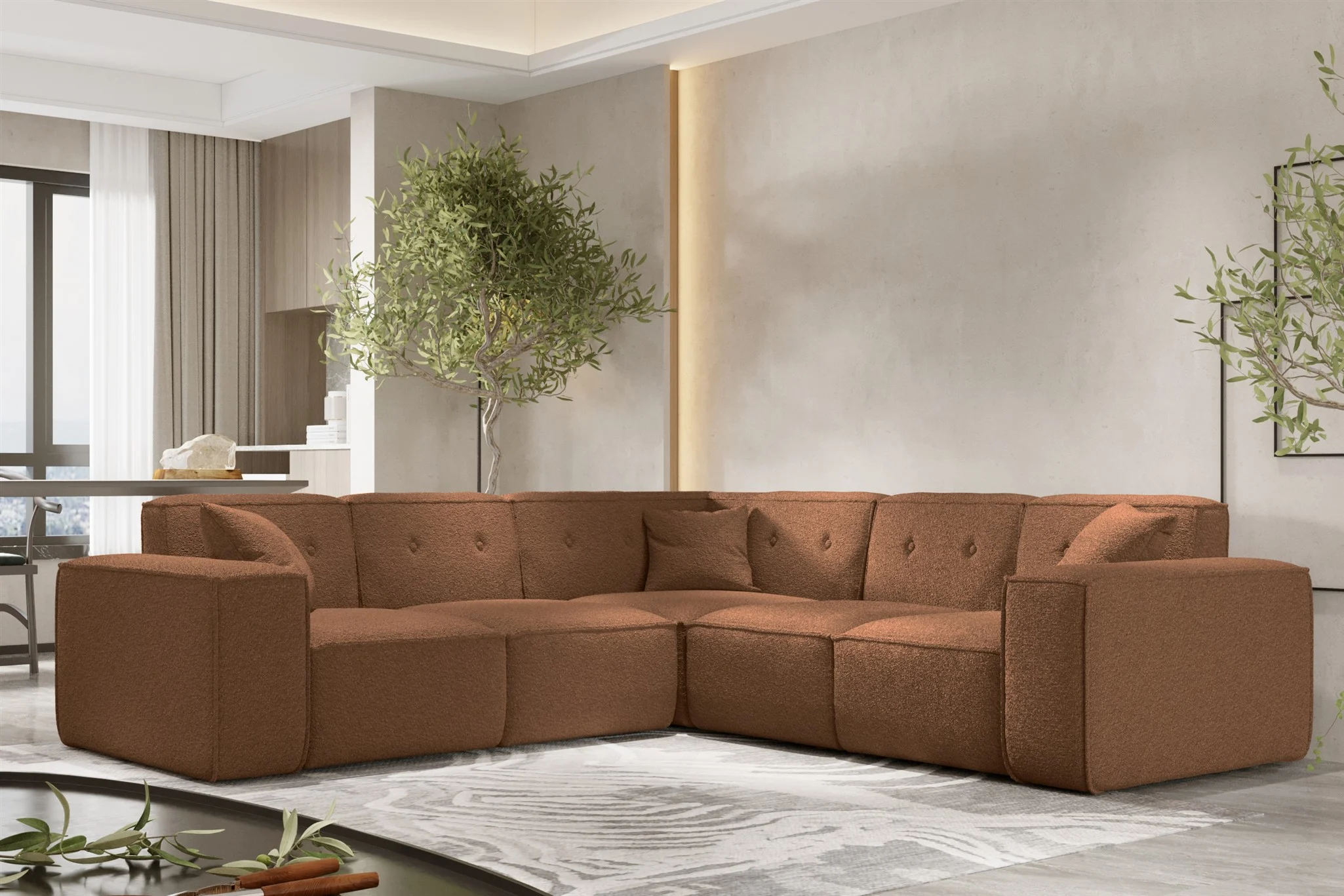 Ecksofa Designersofa CESINA in Stoff Ascot Bukla Rostbraun Seite Universal - Fun Möbel