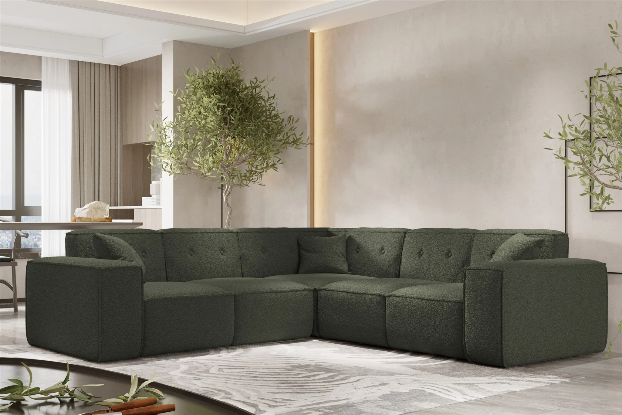 Ecksofa Designersofa CESINA in Stoff Ascot Bukla Winter Moss Seite Universal - Fun Möbel