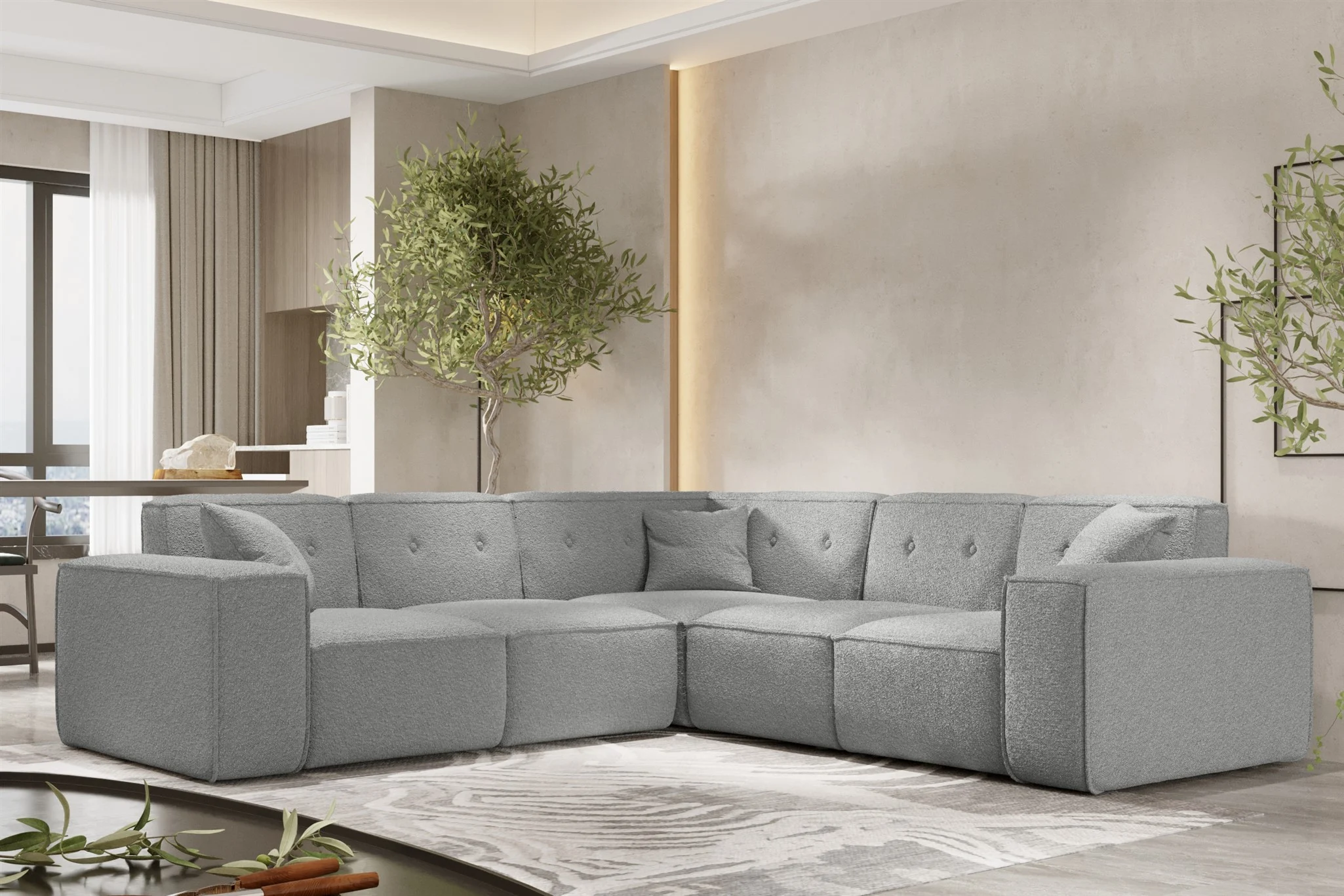 Ecksofa Designersofa CESINA in Stoff Ascot Bukla Grau Seite Universal - Fun Möbel