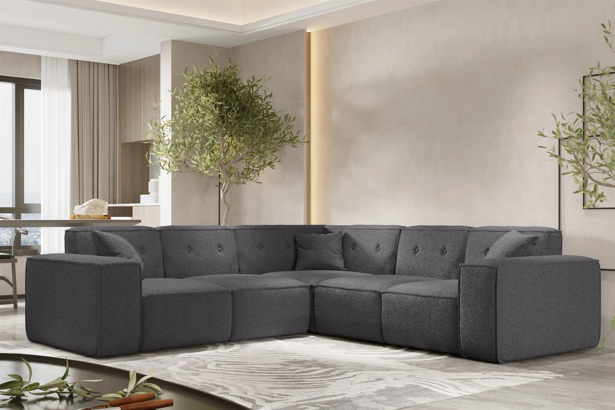 Ecksofa Designersofa CESINA in Stoff Ascot Bukla Grafit Seite Universal - Fun Möbel