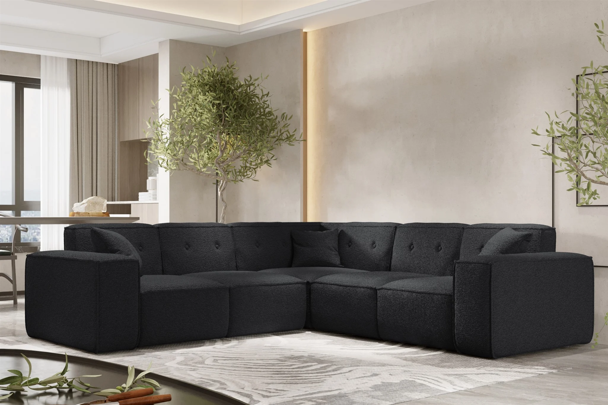 Ecksofa Designersofa CESINA in Stoff Ascot Bukla Schwarz Seite Universal - Fun Möbel
