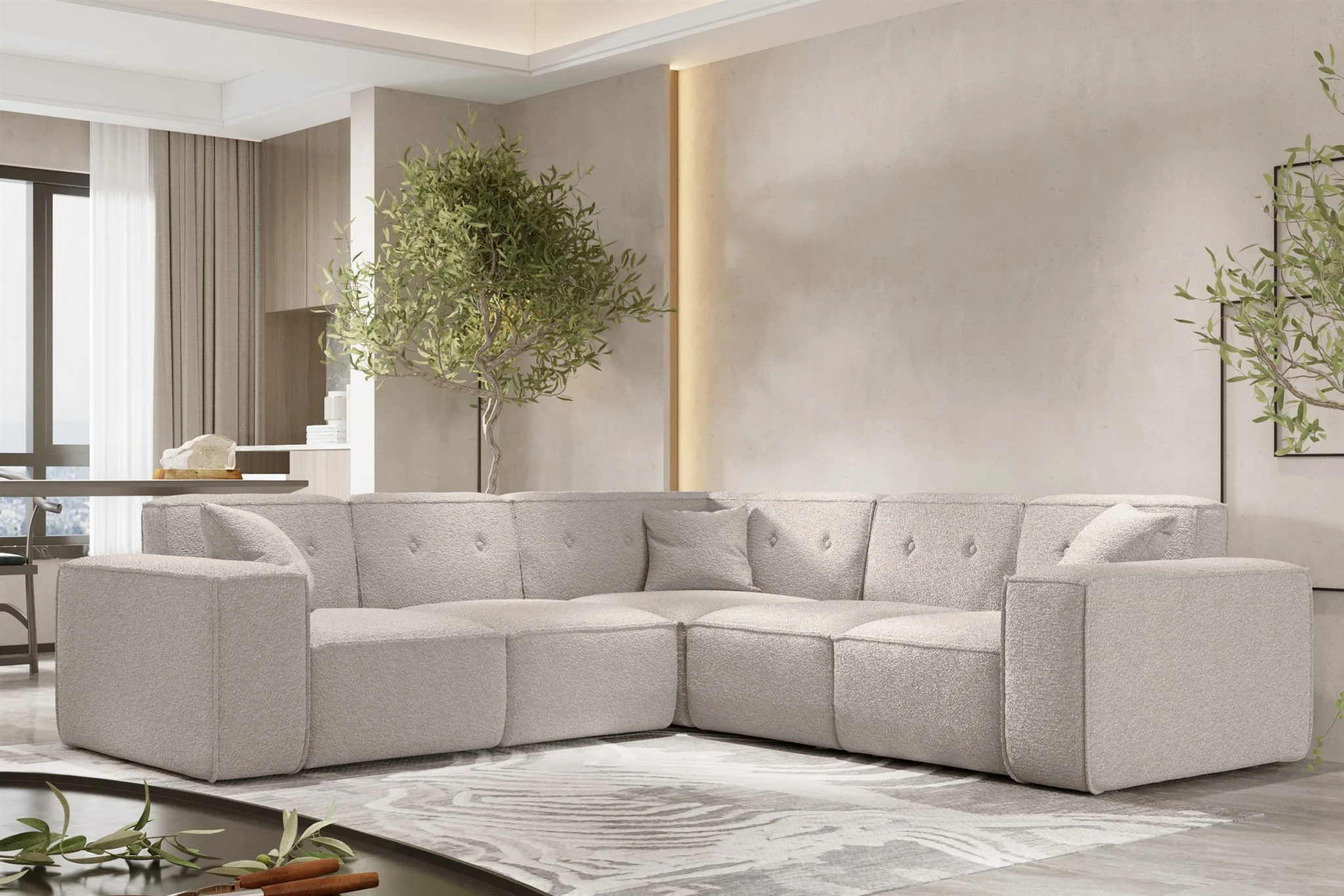 Ecksofa Designersofa CESINA in Stoff Ascot Bukla Creme Seite Universal - Fun Möbel