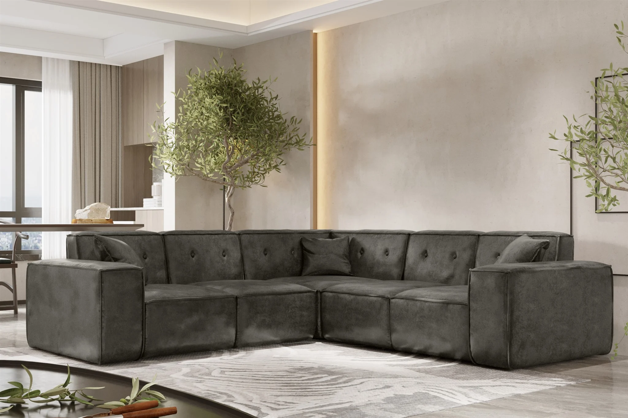Ecksofa Designersofa CESINA Stoff Gobi (Vintage Look) Anthrazit Seite Universal - Fun Möbel