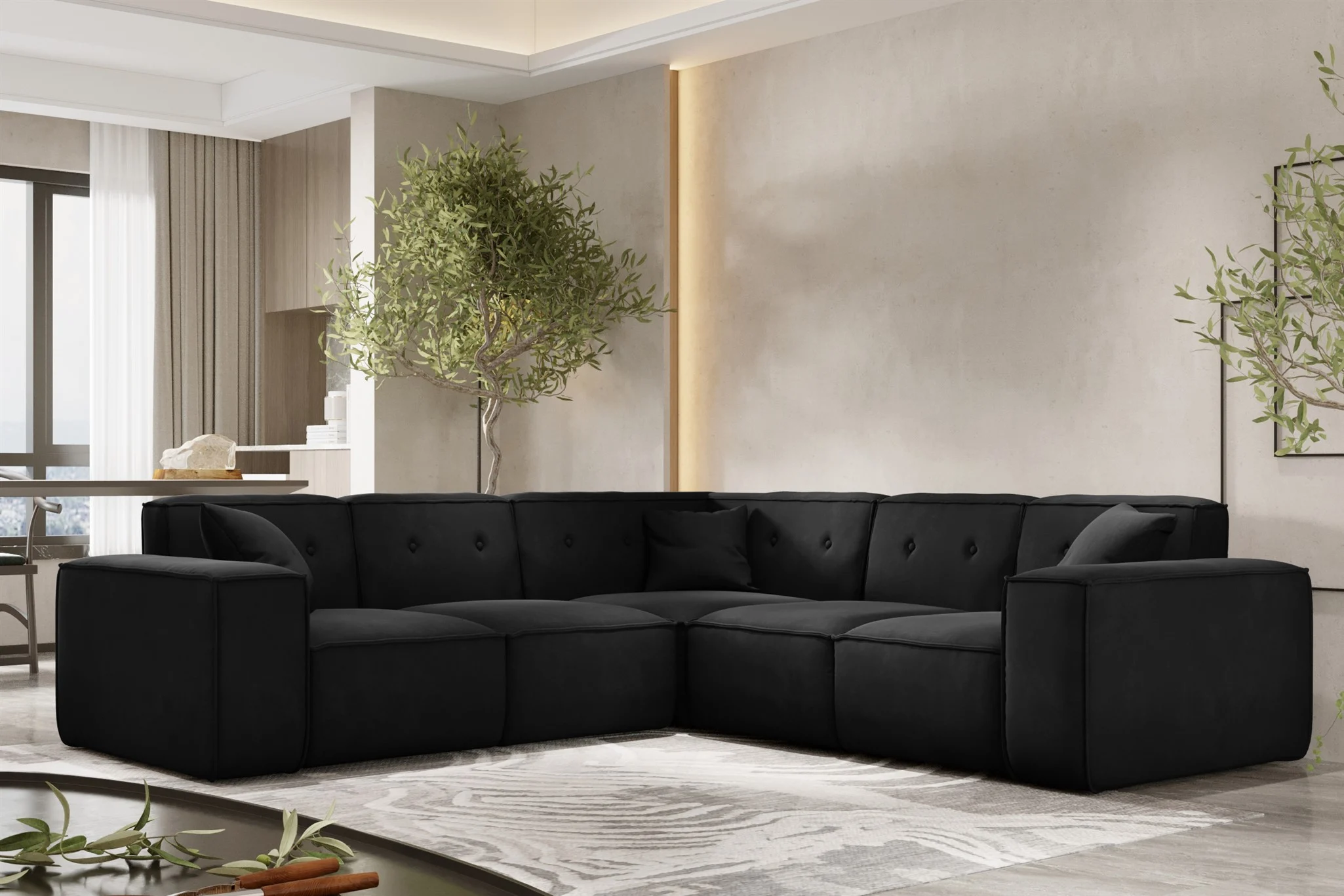 Ecksofa Designersofa CESINA in Stoff Opera Velvet Schwarz Seite Universal - Fun Möbel