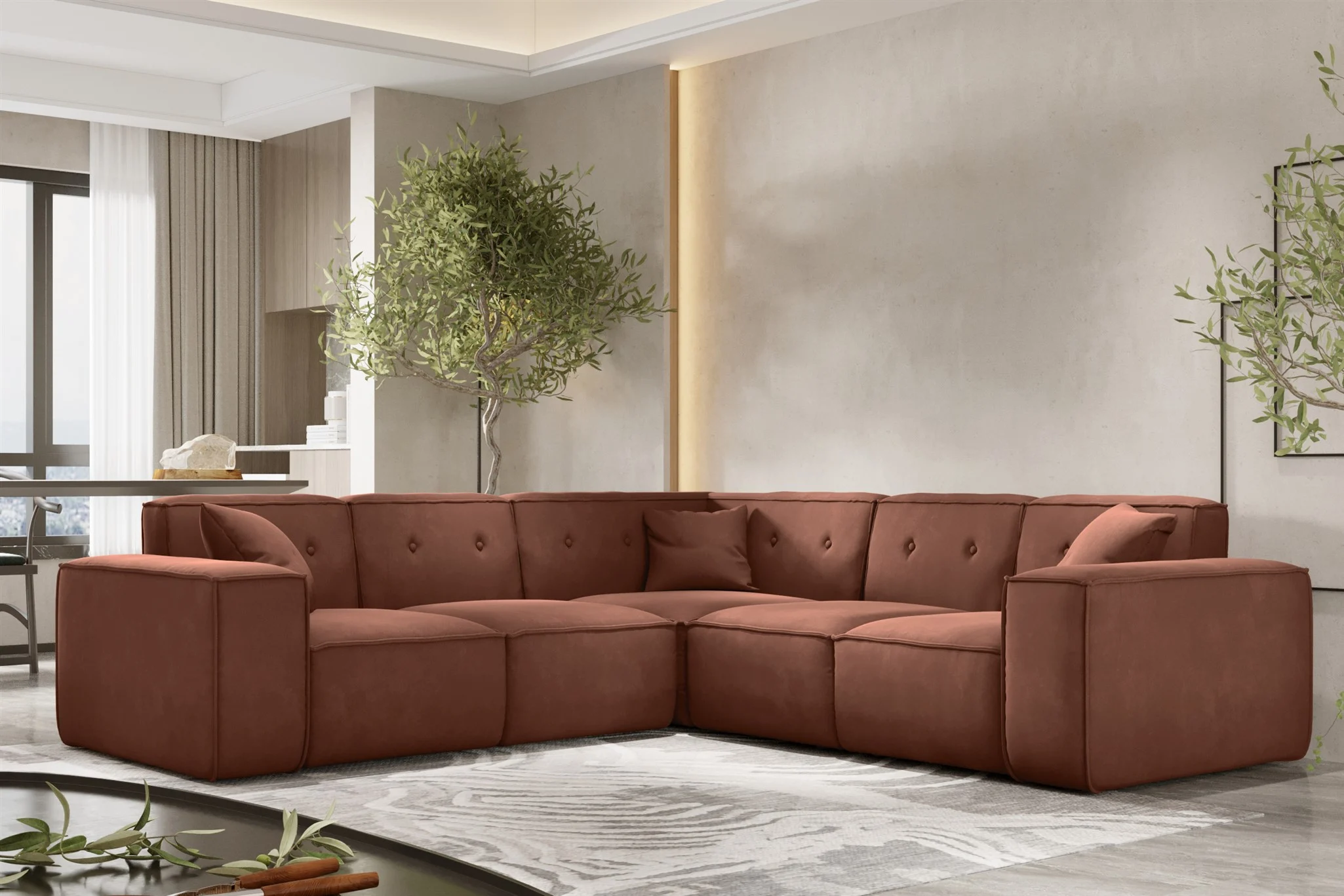 Ecksofa Designersofa CESINA in Stoff Opera Velvet Braun Seite Universal - Fun Möbel