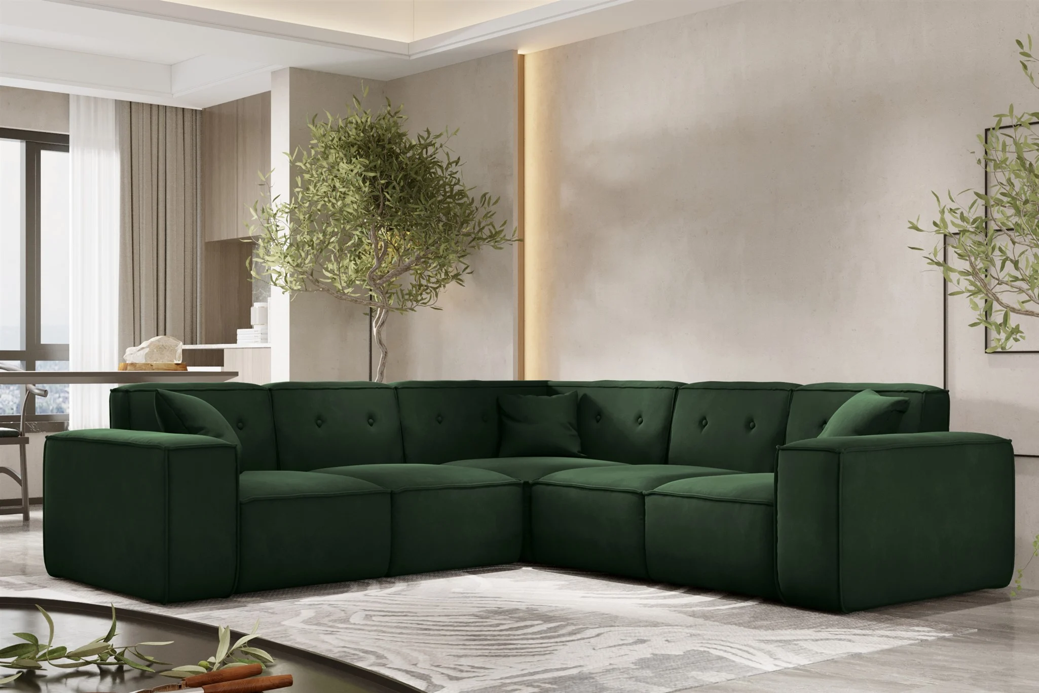 Ecksofa Designersofa CESINA in Stoff Opera Velvet Dunkelgrün Seite Universal - Fun Möbel