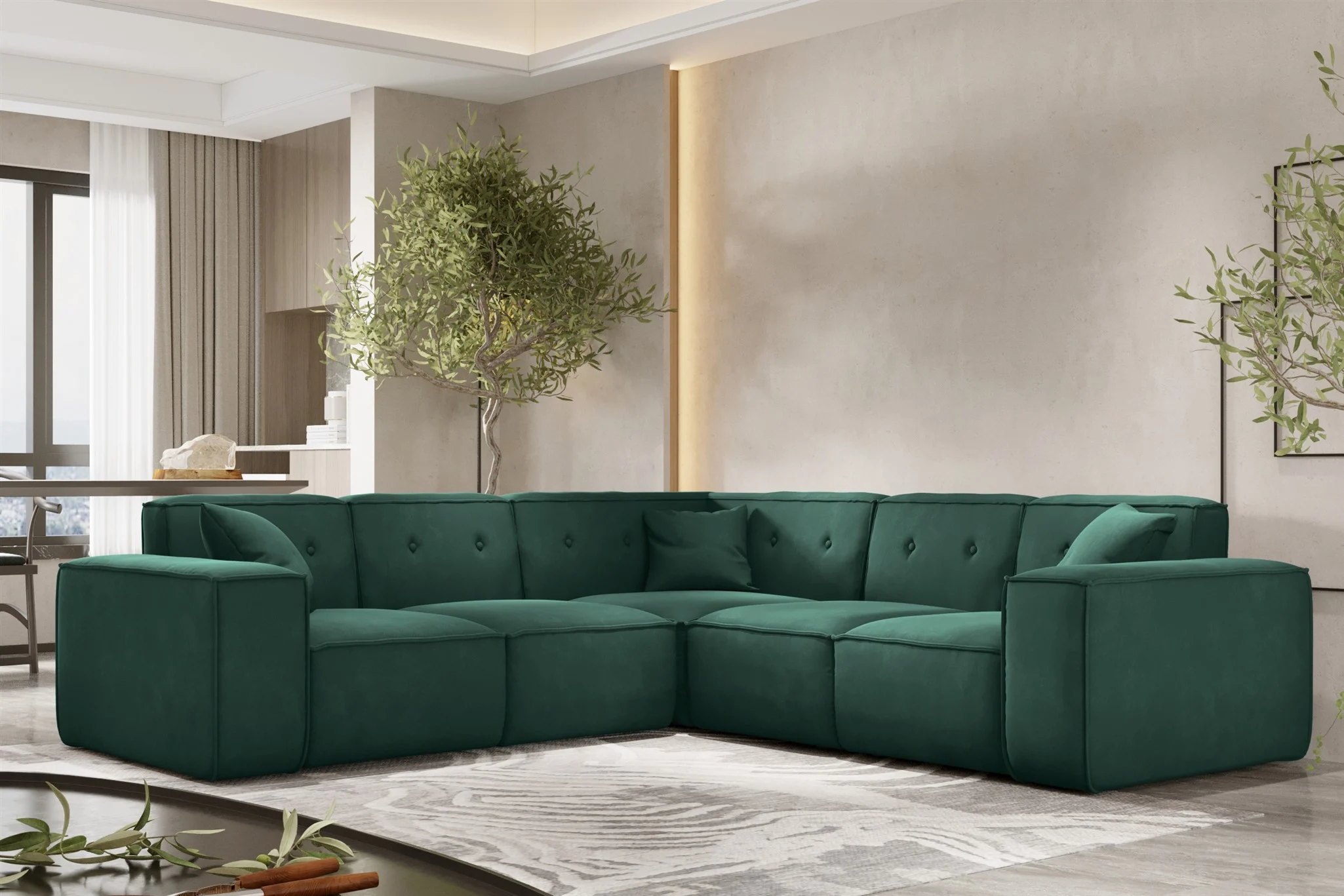Ecksofa Designersofa CESINA in Stoff Opera Velvet Grün Seite Universal - Fun Möbel