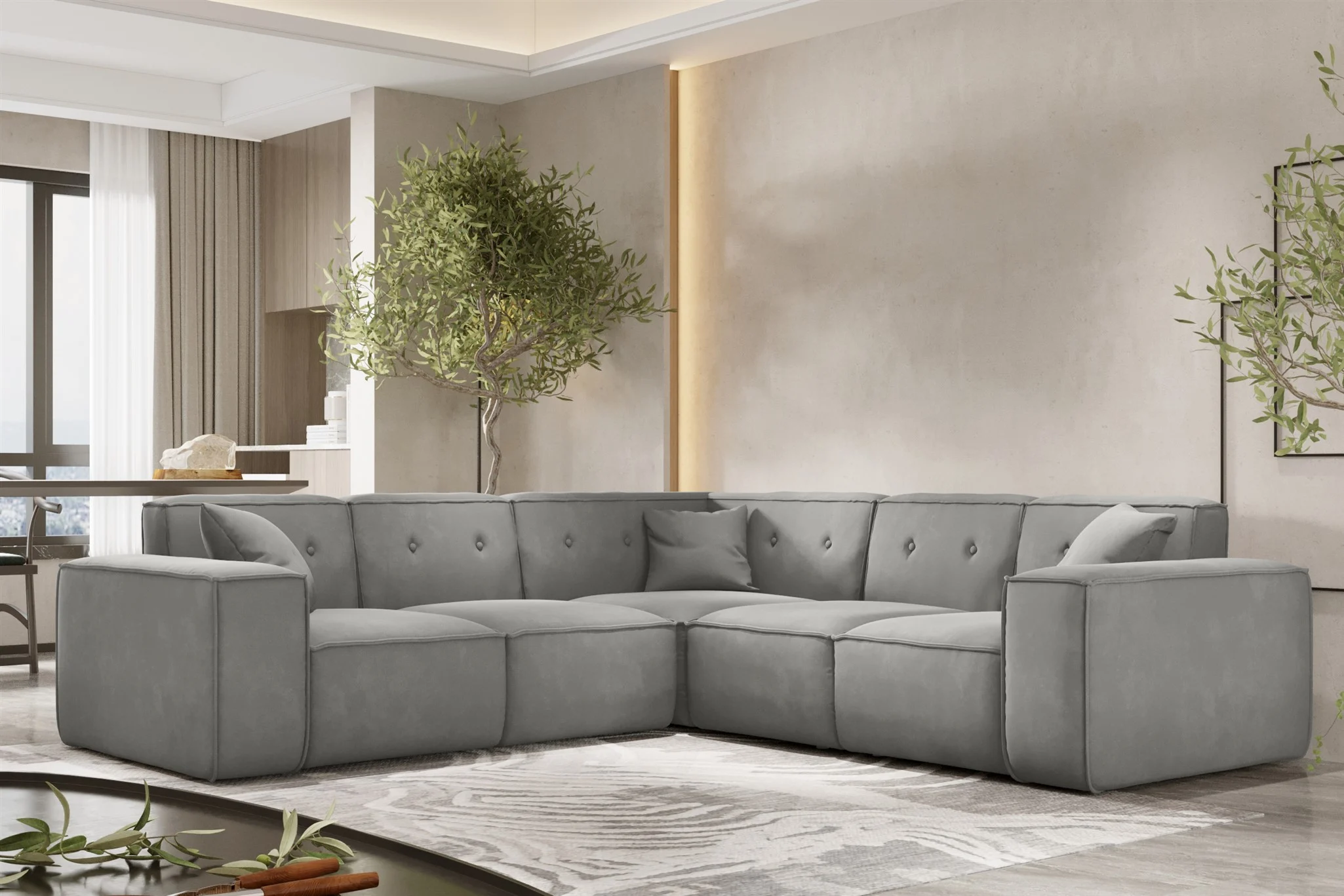 Ecksofa Designersofa CESINA in Stoff Opera Velvet Steingrau Seite Universal - Fun Möbel