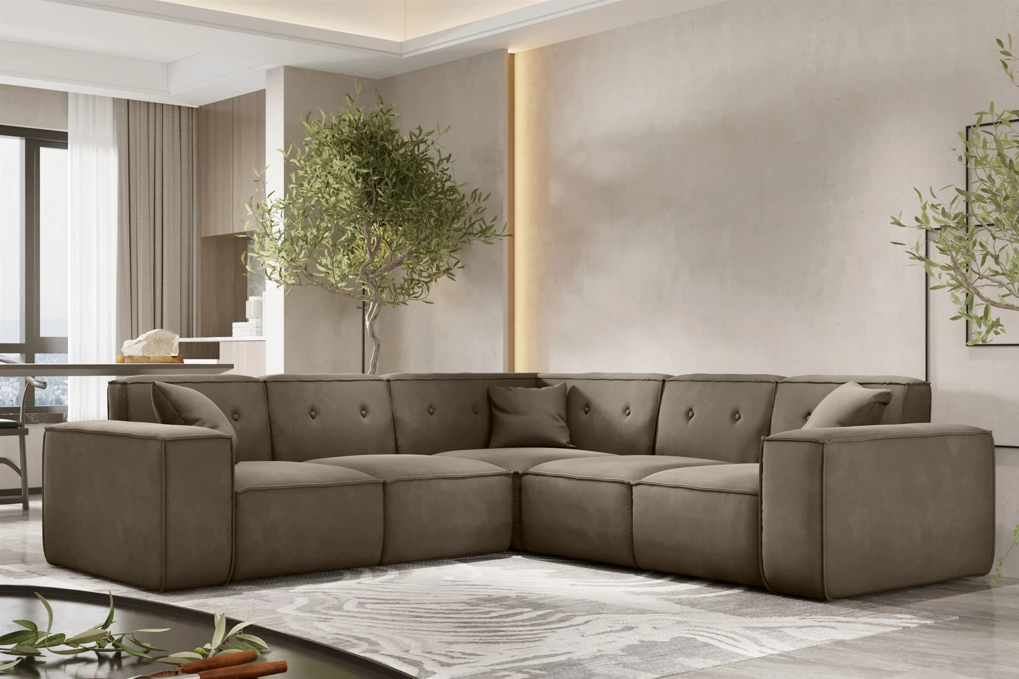 Ecksofa Designersofa CESINA in Stoff Opera Velvet Taupe Seite Universal - Fun Möbel