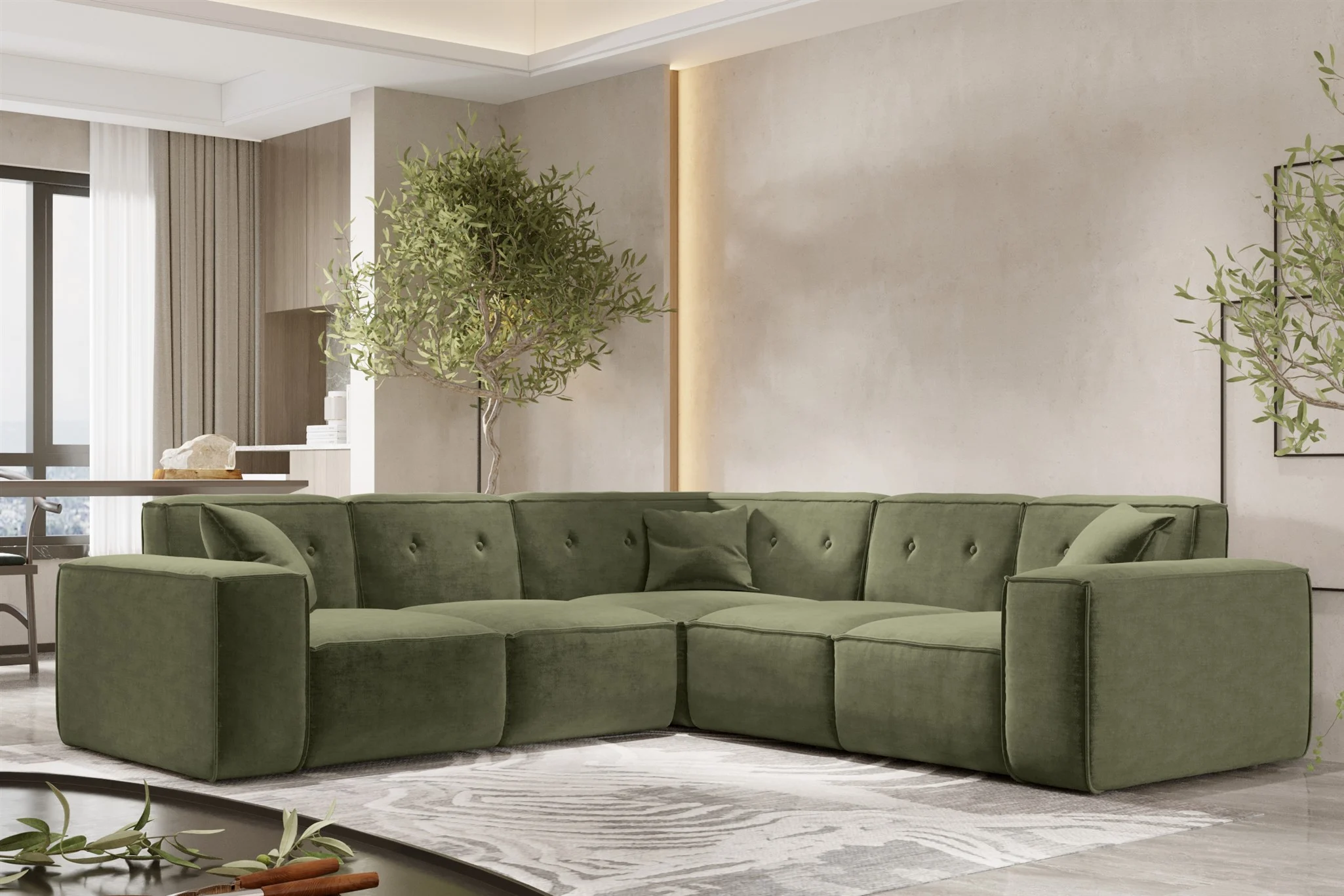 Ecksofa Designersofa CESINA in Stoff Perfect Harmony Waldgrün Seite Universal - Fun Möbel