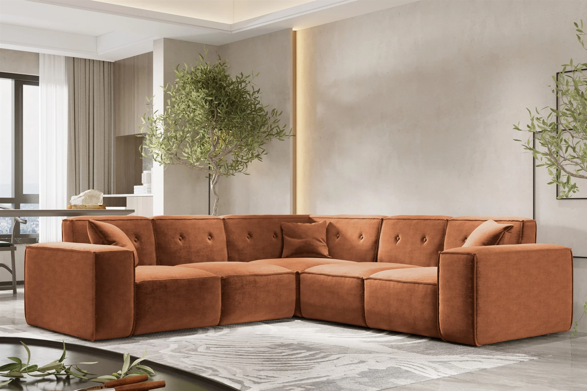 Ecksofa Designersofa CESINA in Stoff Perfect Harmony Rostbraun Seite Universal - Fun Möbel