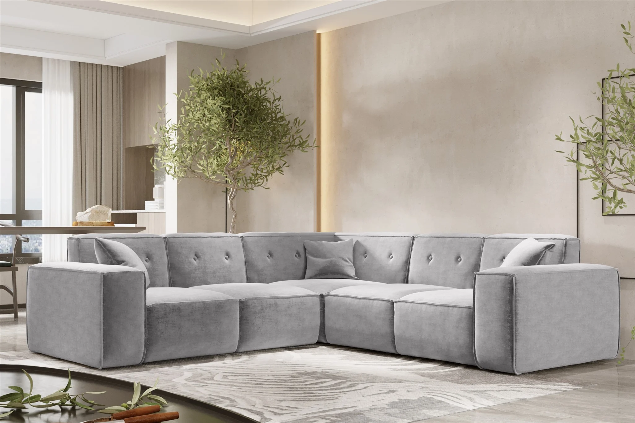 Ecksofa Designersofa CESINA in Stoff Perfect Harmony Grau Seite Universal - Fun Möbel