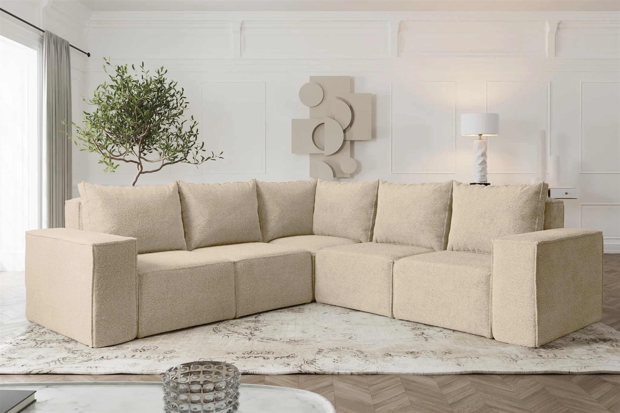 Ecksofa Designersofa ESTELLE in Stoff Abriamo Beige Seite Universal - Fun Möbel