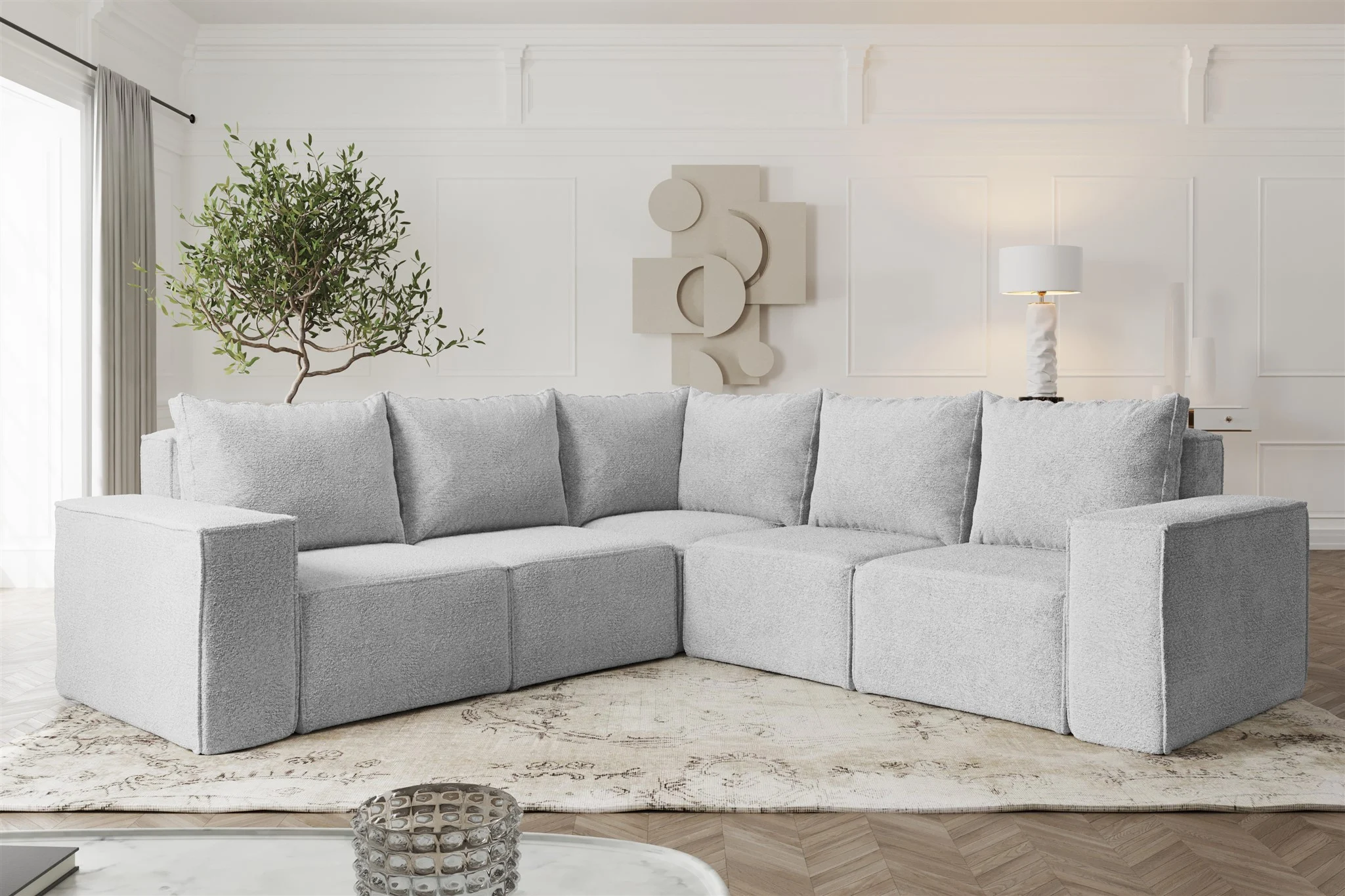 Ecksofa Designersofa ESTELLE in Stoff Abriamo Hellgrau Seite Universal - Fun Möbel