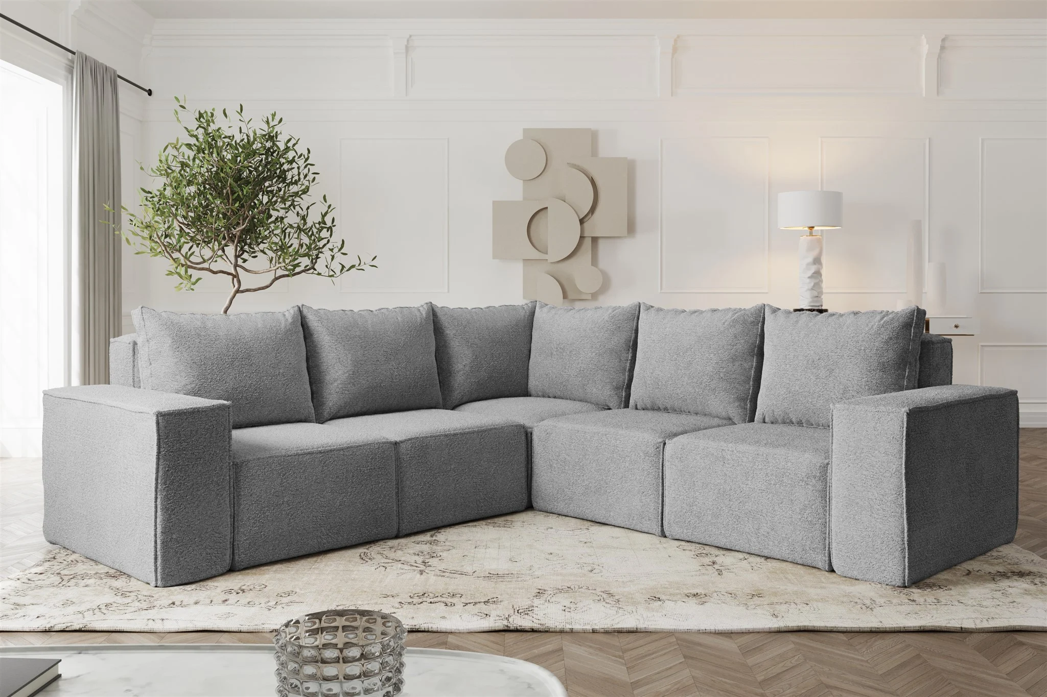 Ecksofa Designersofa ESTELLE in Stoff Abriamo Grau Seite Universal - Fun Möbel