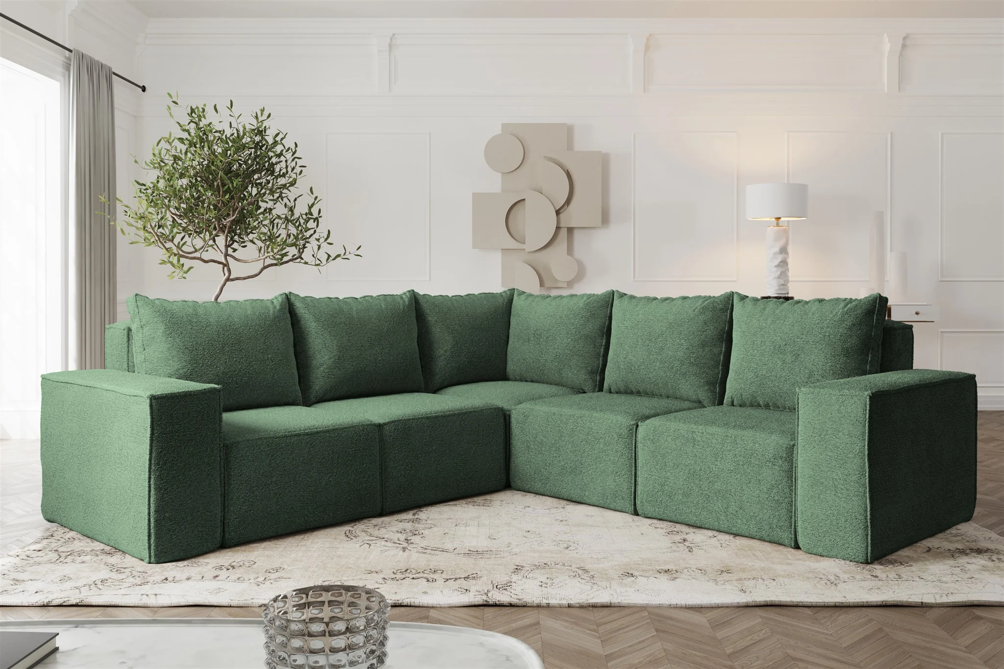 Ecksofa Designersofa ESTELLE in Stoff Abriamo Grün Seite Universal - Fun Möbel