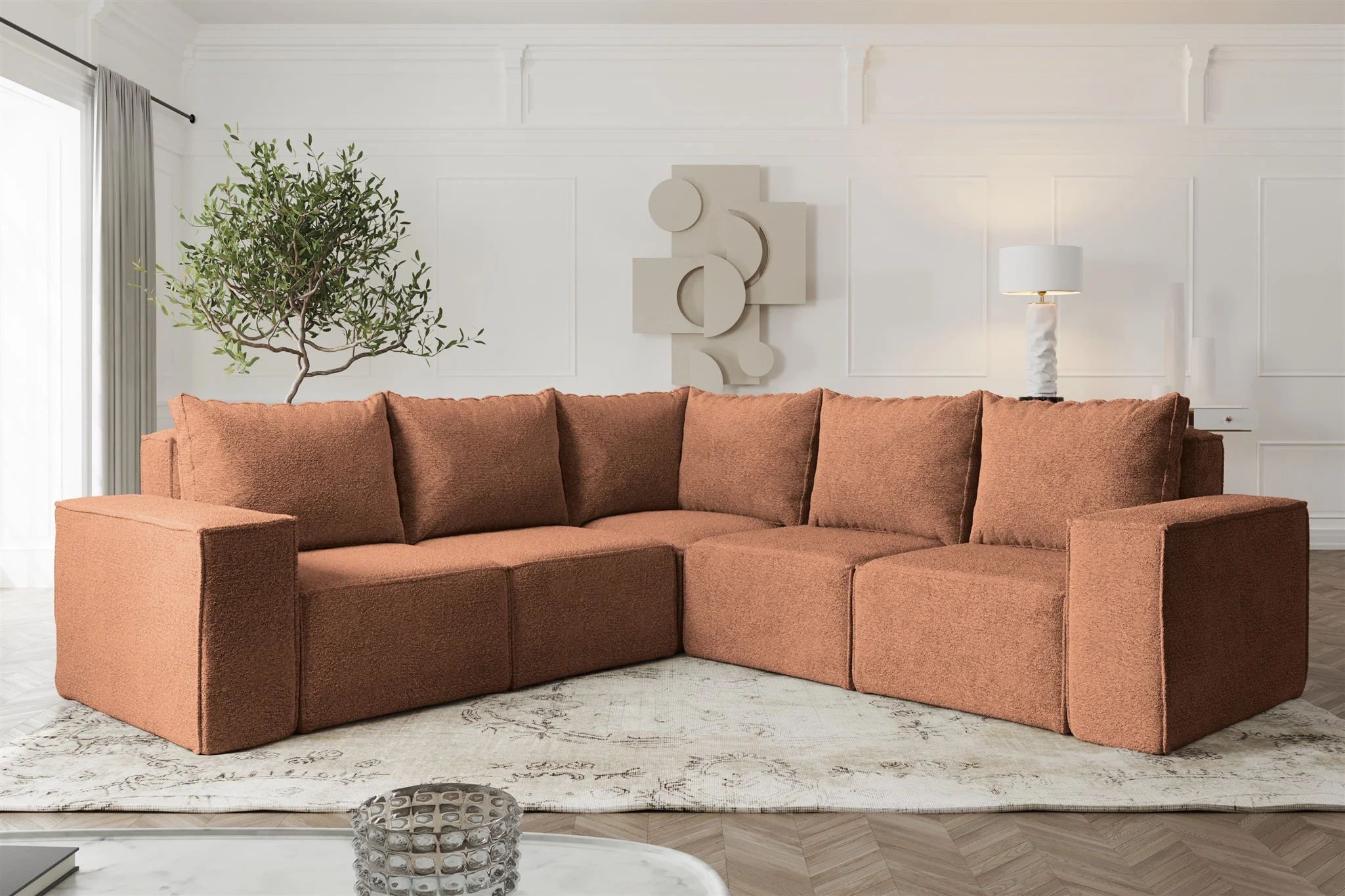 Ecksofa Designersofa ESTELLE in Stoff Abriamo Rostbraun Seite Universal - Fun Möbel