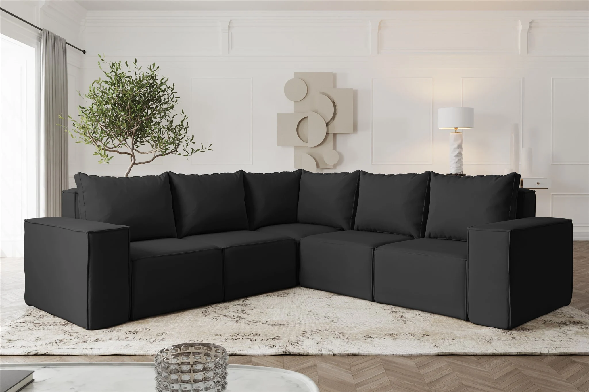 Ecksofa Designersofa ESTELLE in Stoff Opera Velvet Schwarz Seite Universal - Fun Möbel