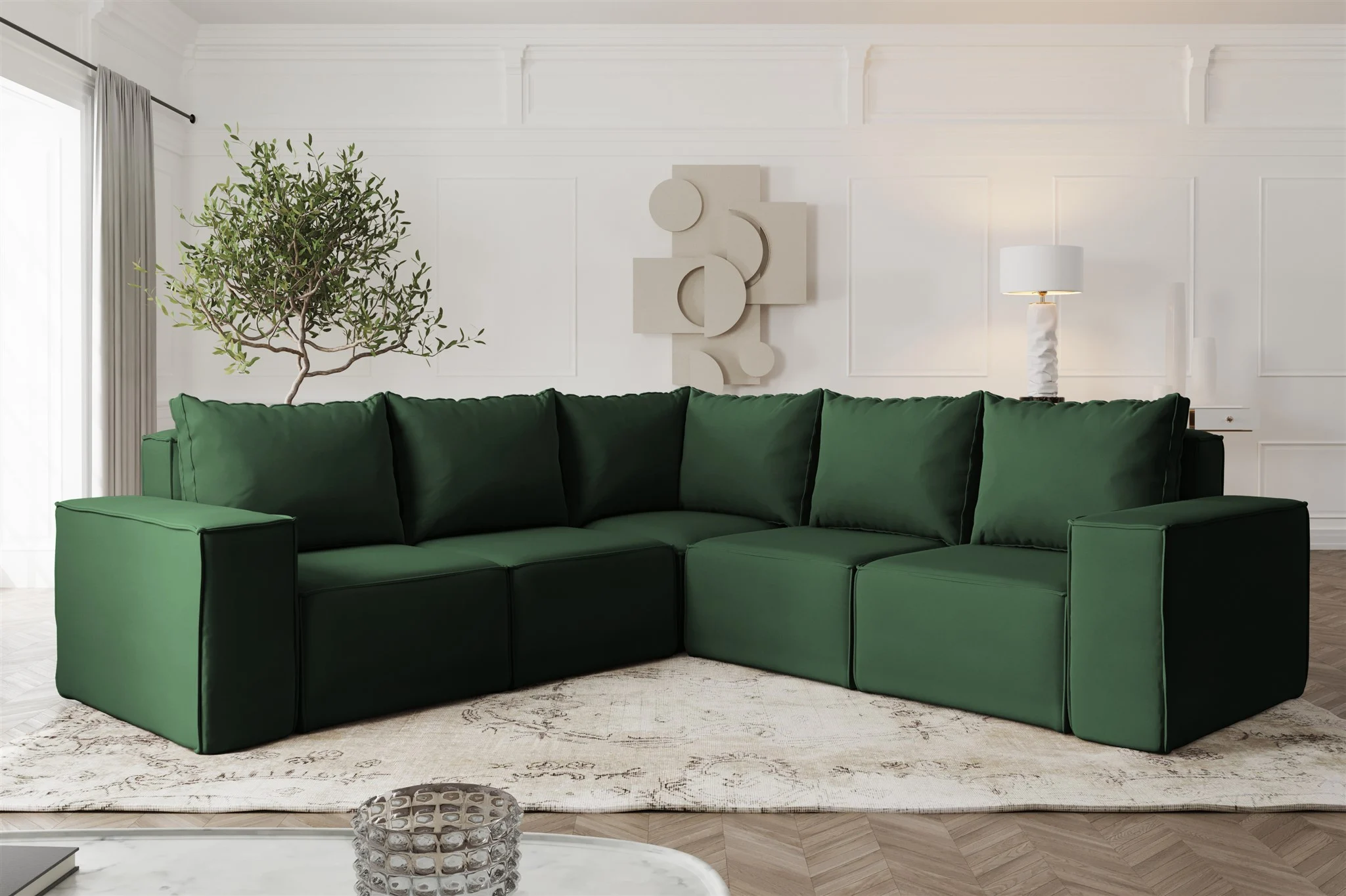 Ecksofa Designersofa ESTELLE in Stoff Opera Velvet Dunkelgrün Seite Universal - Fun Möbel