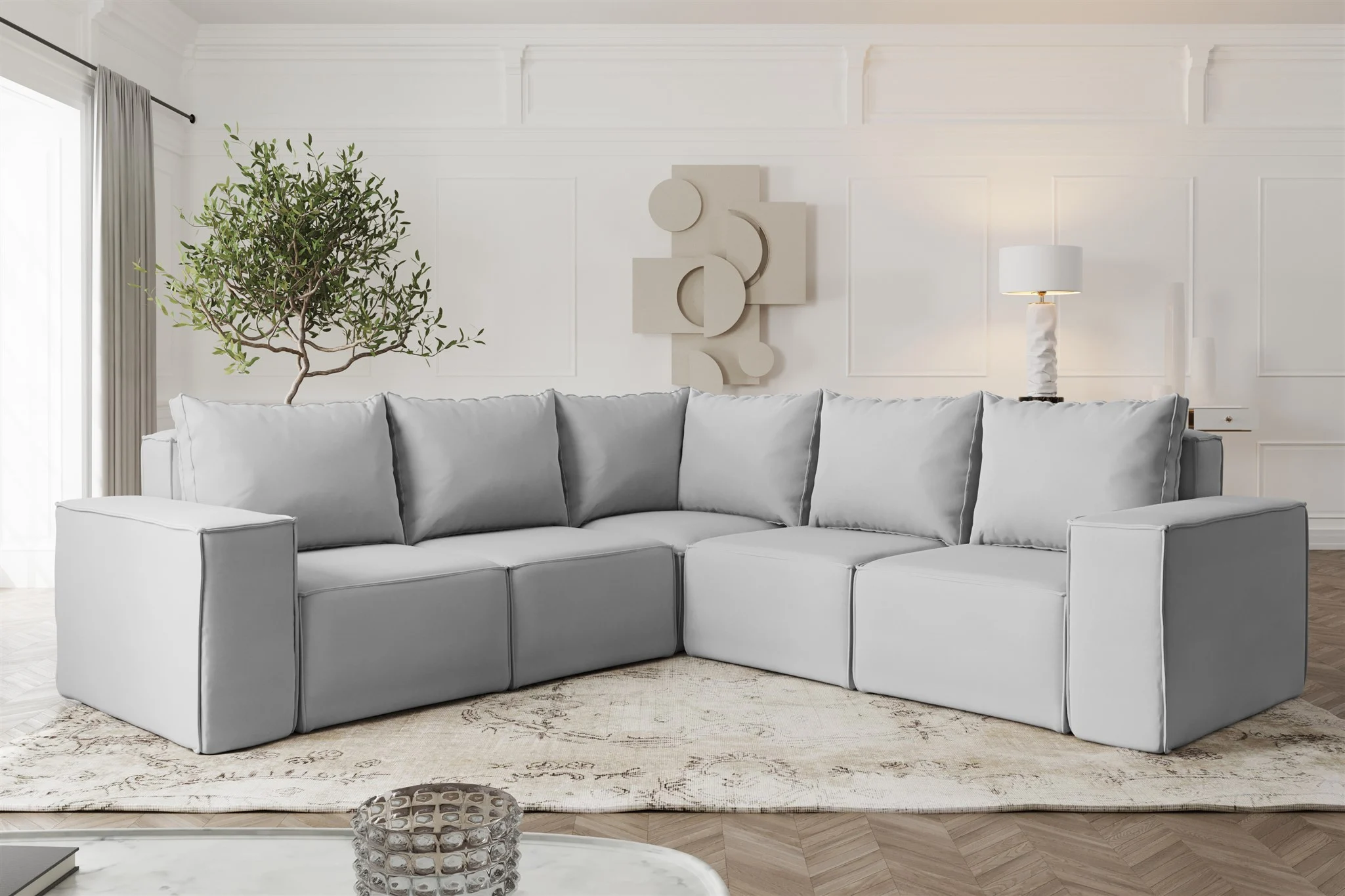 Ecksofa Designersofa ESTELLE in Stoff Opera Velvet Hellgrau Seite Universal - Fun Möbel