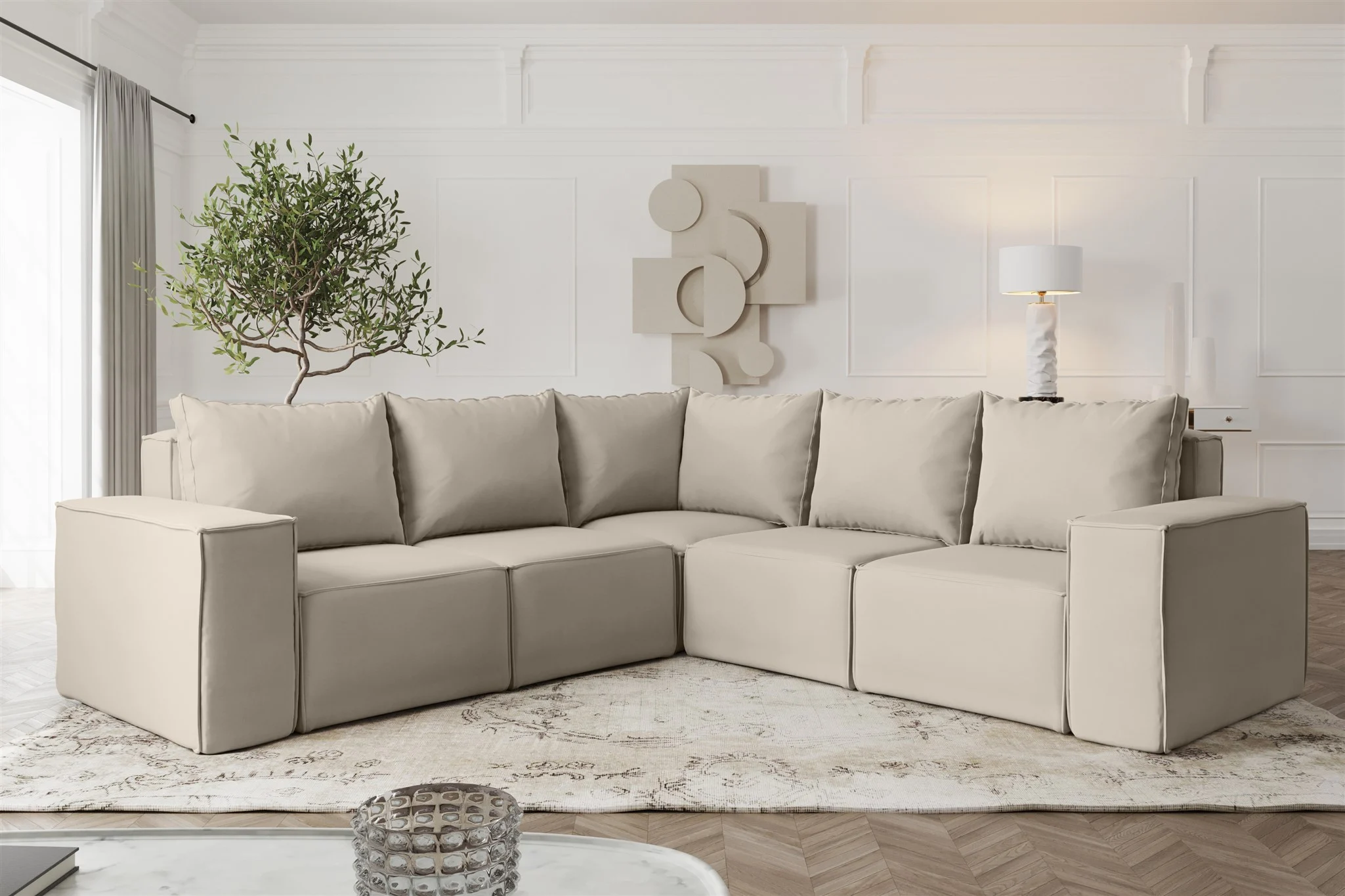 Ecksofa Designersofa ESTELLE in Stoff Opera Velvet Pearl Seite Universal - Fun Möbel