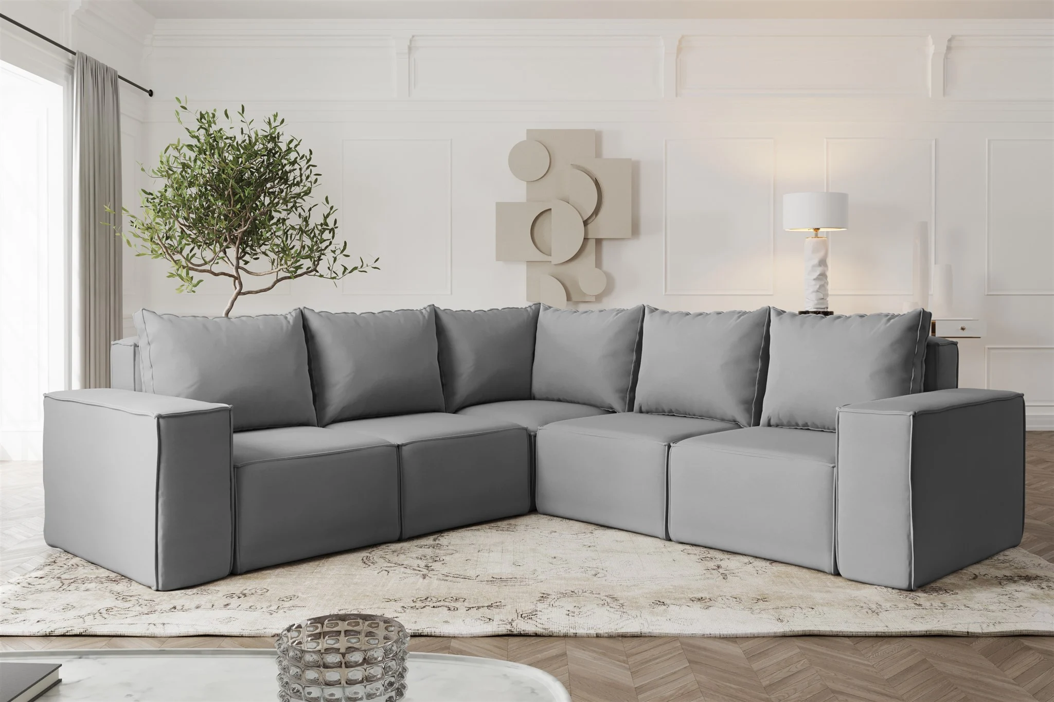Ecksofa Designersofa ESTELLE in Stoff Opera Velvet Grau Seite Universal - Fun Möbel