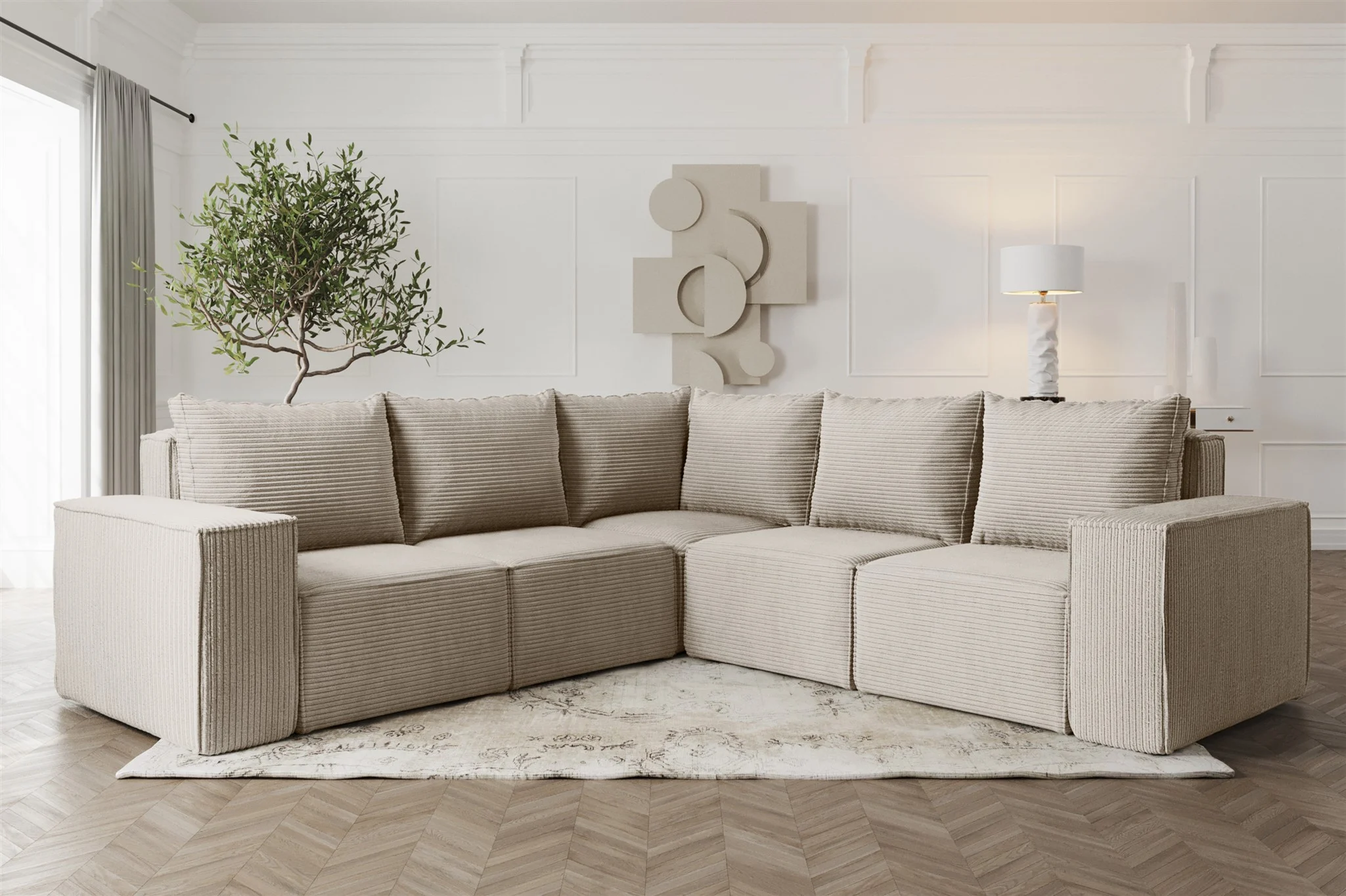 Ecksofa Designersofa ESTELLE in Stoff Poso Beige Seite Universal - Fun Möbel