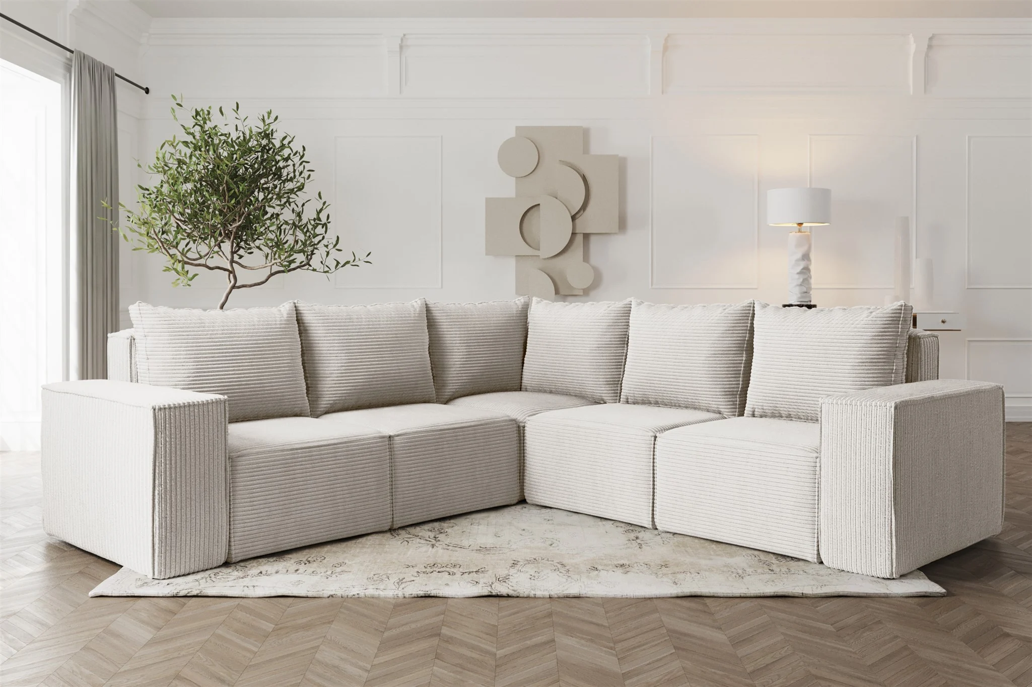 Ecksofa Designersofa ESTELLE in Stoff Poso Creme Seite Universal - Fun Möbel