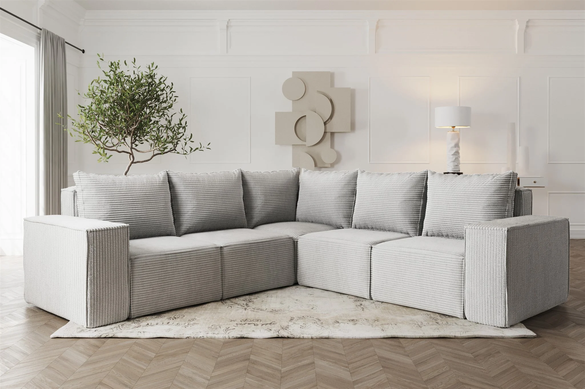 Ecksofa Designersofa ESTELLE in Stoff Poso Hellgrau Seite Universal - Fun Möbel