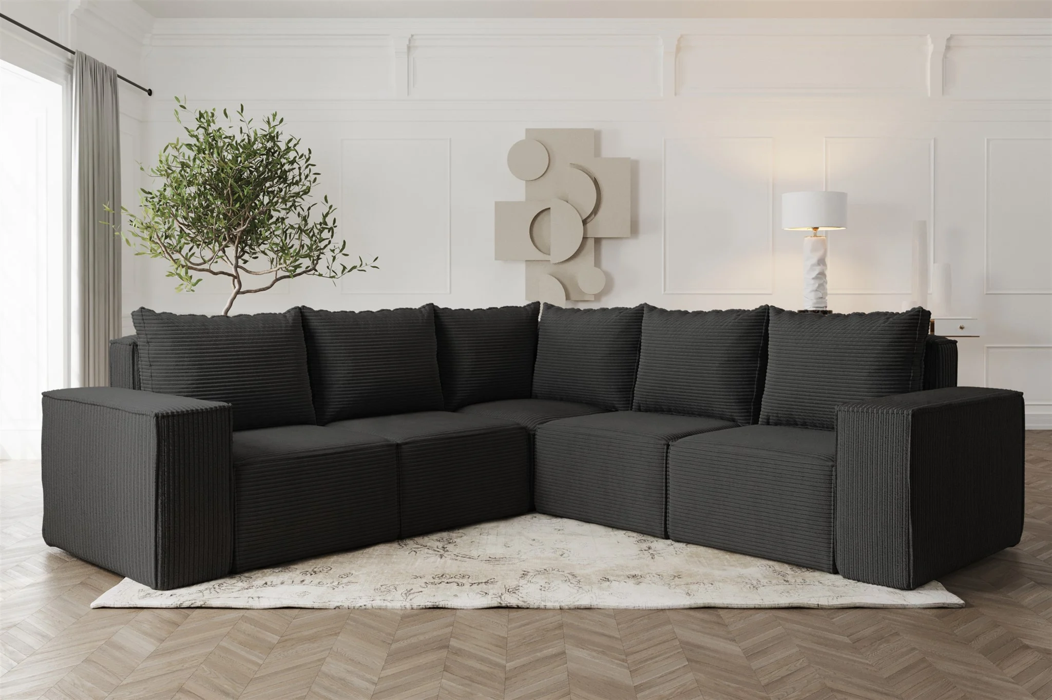 Ecksofa Designersofa ESTELLE in Stoff Poso Schwarz Seite Universal - Fun Möbel