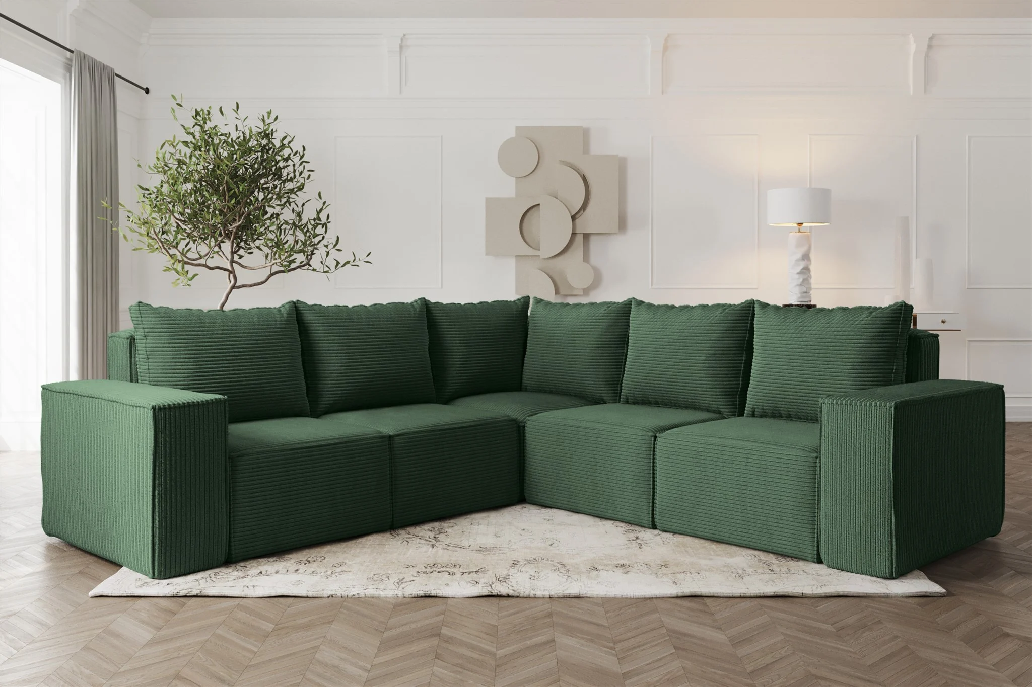 Ecksofa Designersofa ESTELLE in Stoff Poso Grün Seite Universal - Fun Möbel
