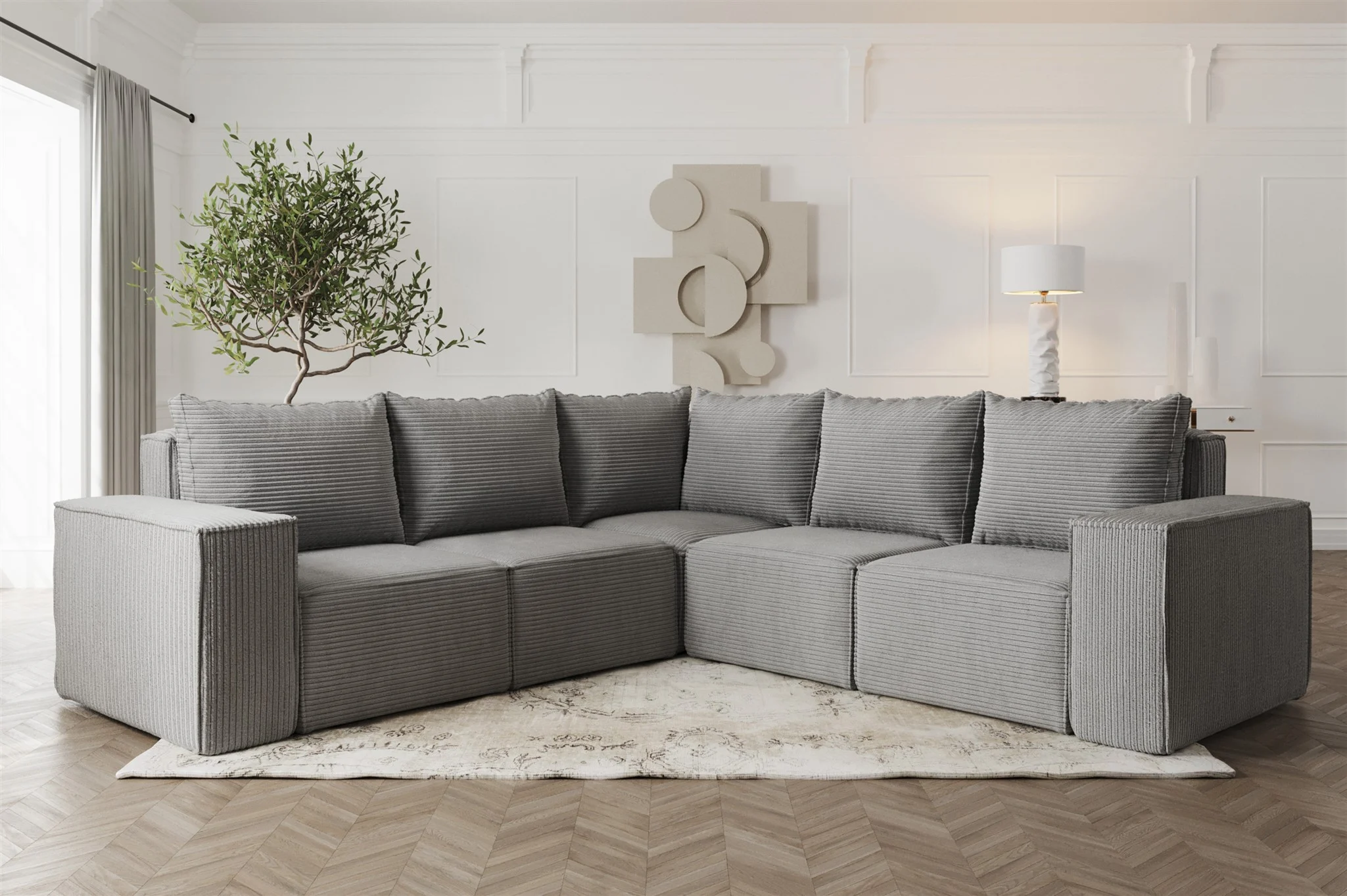 Ecksofa Designersofa ESTELLE in Stoff Poso Grau Seite Universal - Fun Möbel