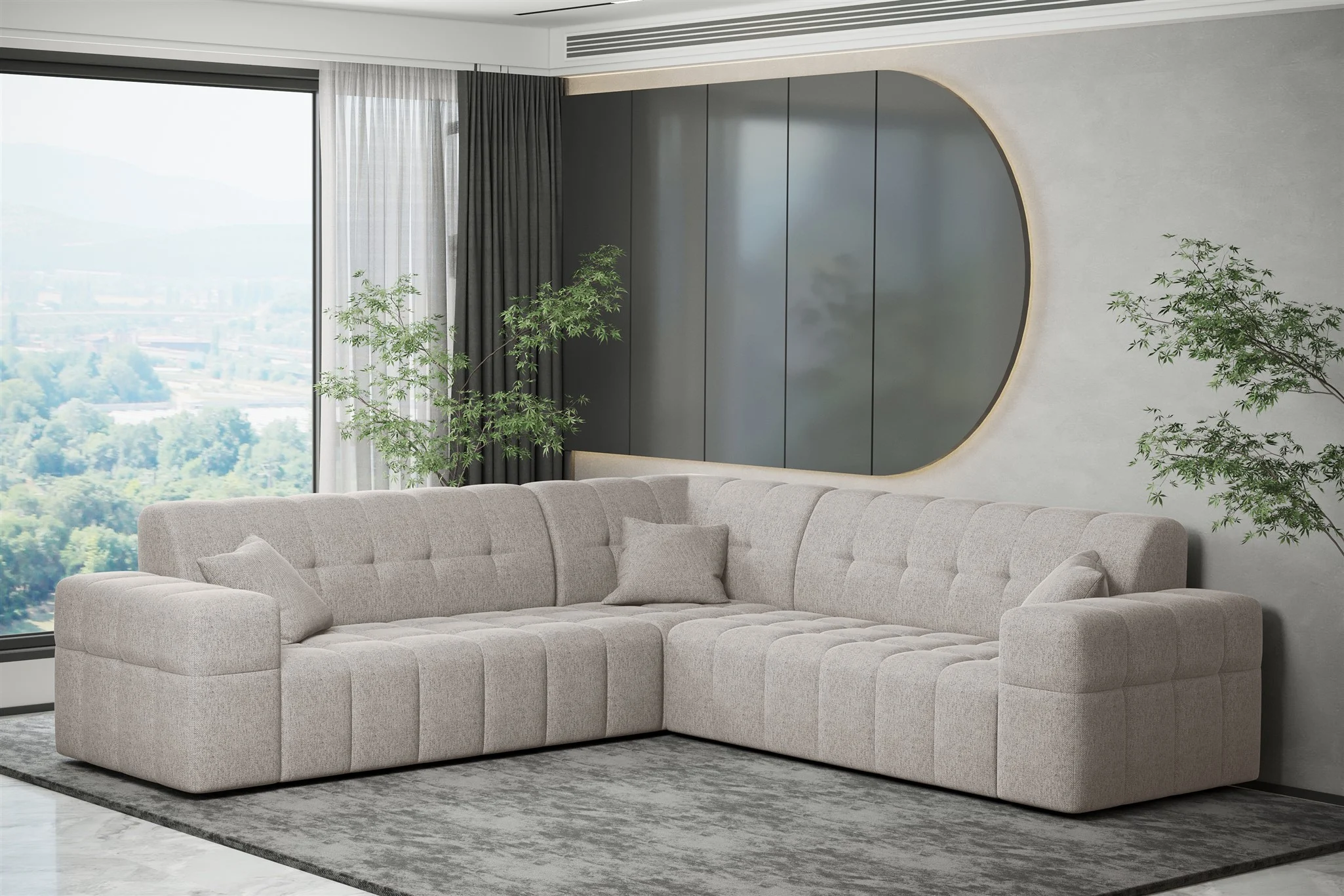 Ecksofa Designersofa NANCY in Stoff Neve Beige Seite Universal - Fun Möbel