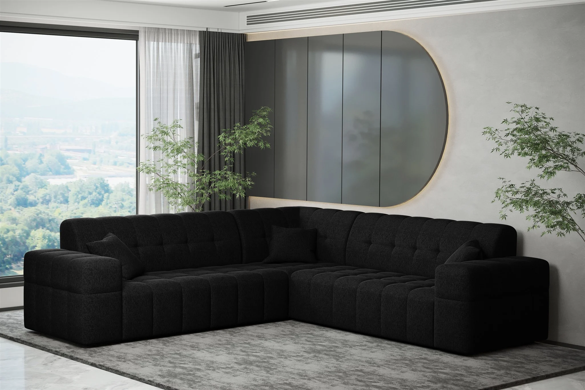 Ecksofa Designersofa NANCY in Stoff Neve Schwarz Seite Universal - Fun Möbel