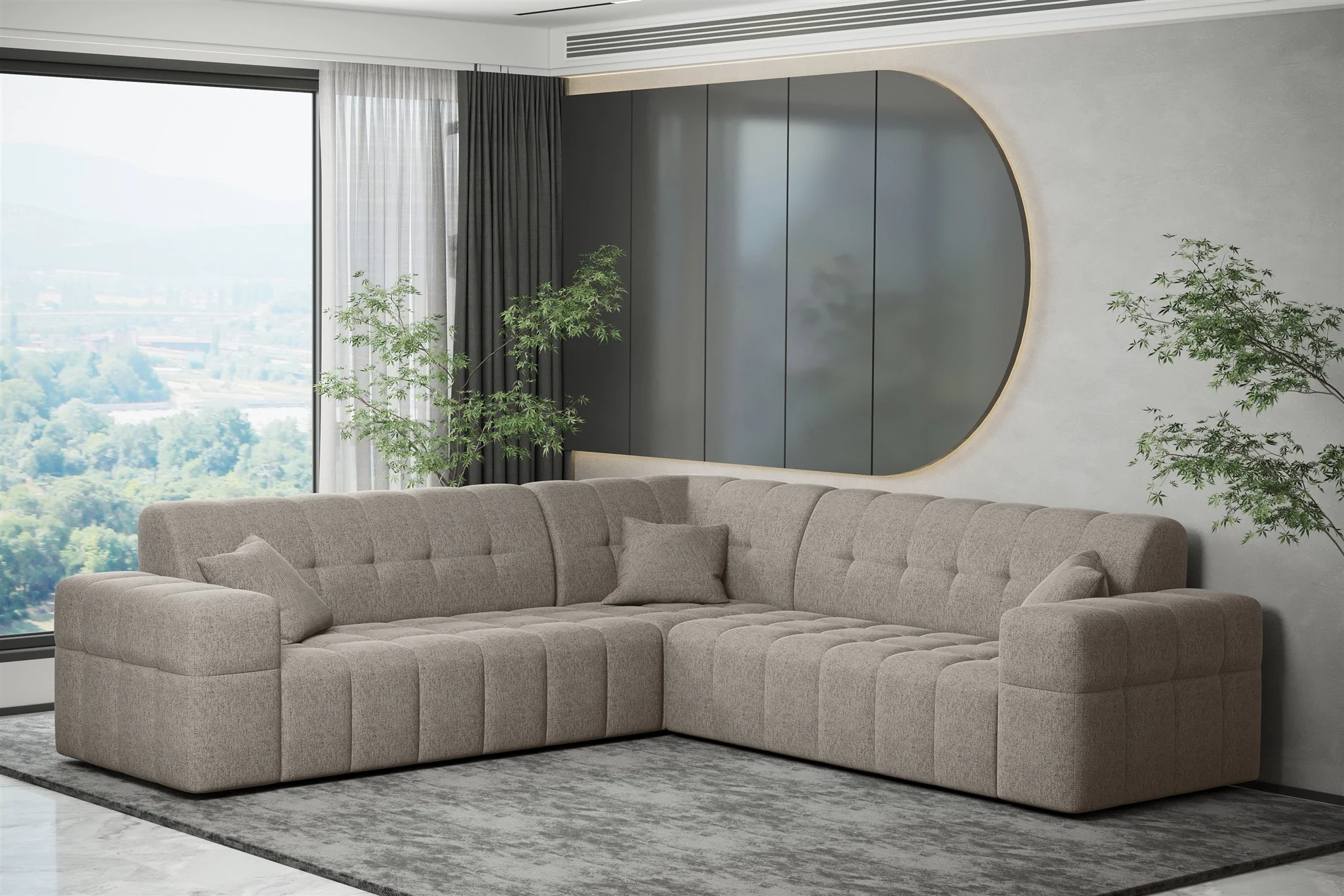 Ecksofa Designersofa NANCY in Stoff Neve Macchiato Seite Universal - Fun Möbel