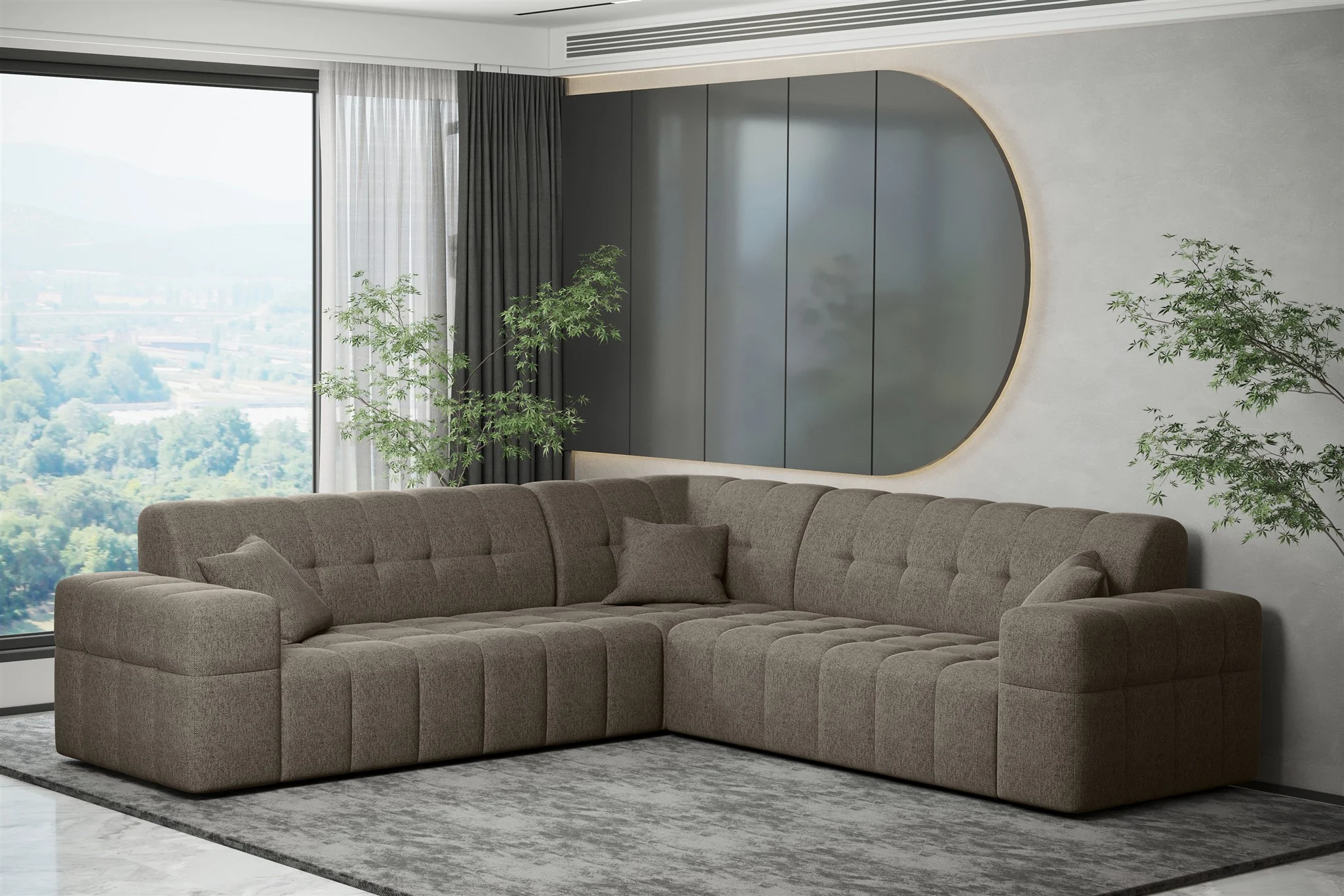 Ecksofa Designersofa NANCY in Stoff Neve Taupe Seite Universal - Fun Möbel