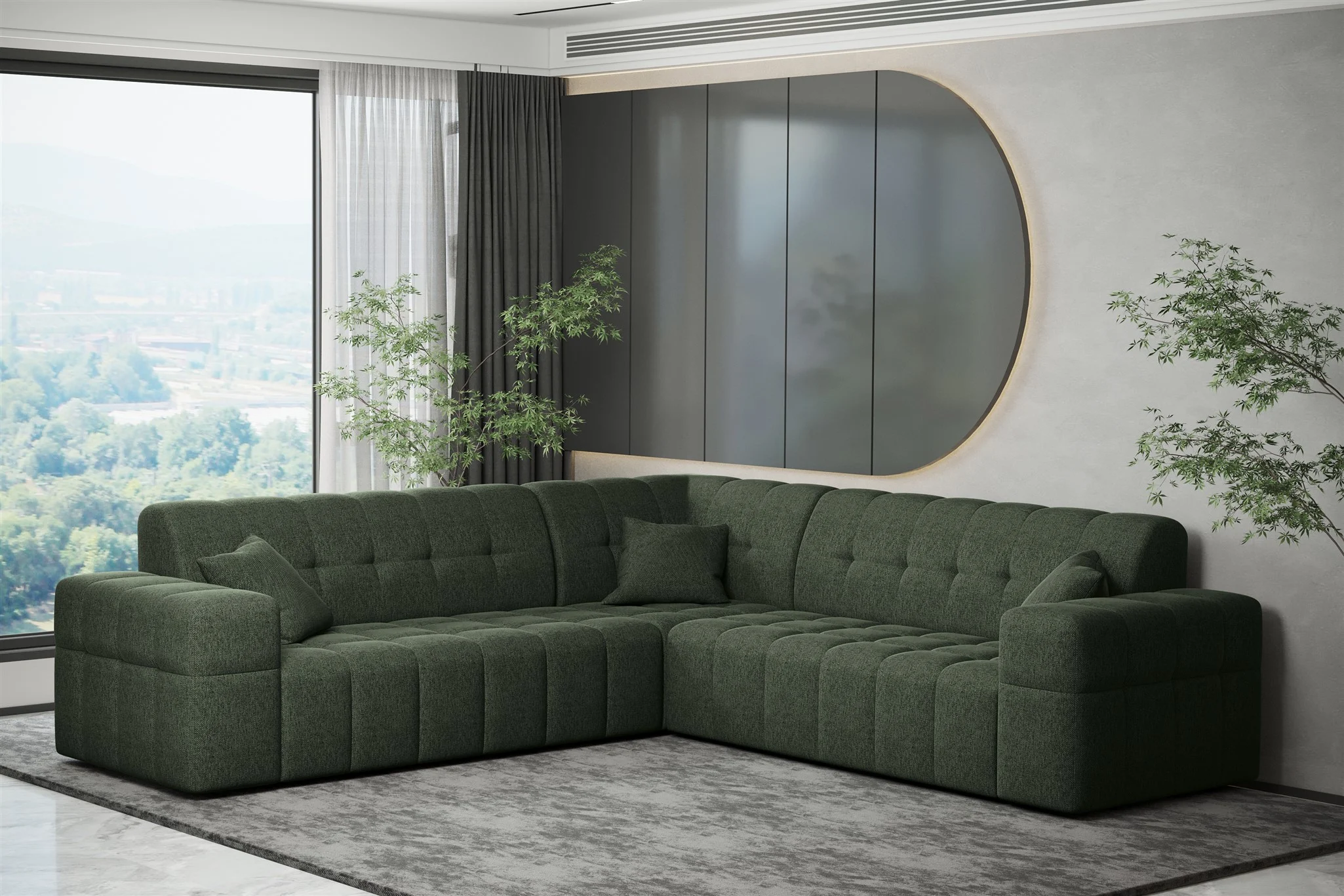 Ecksofa Designersofa NANCY in Stoff Neve Tannengrün Seite Universal - Fun Möbel