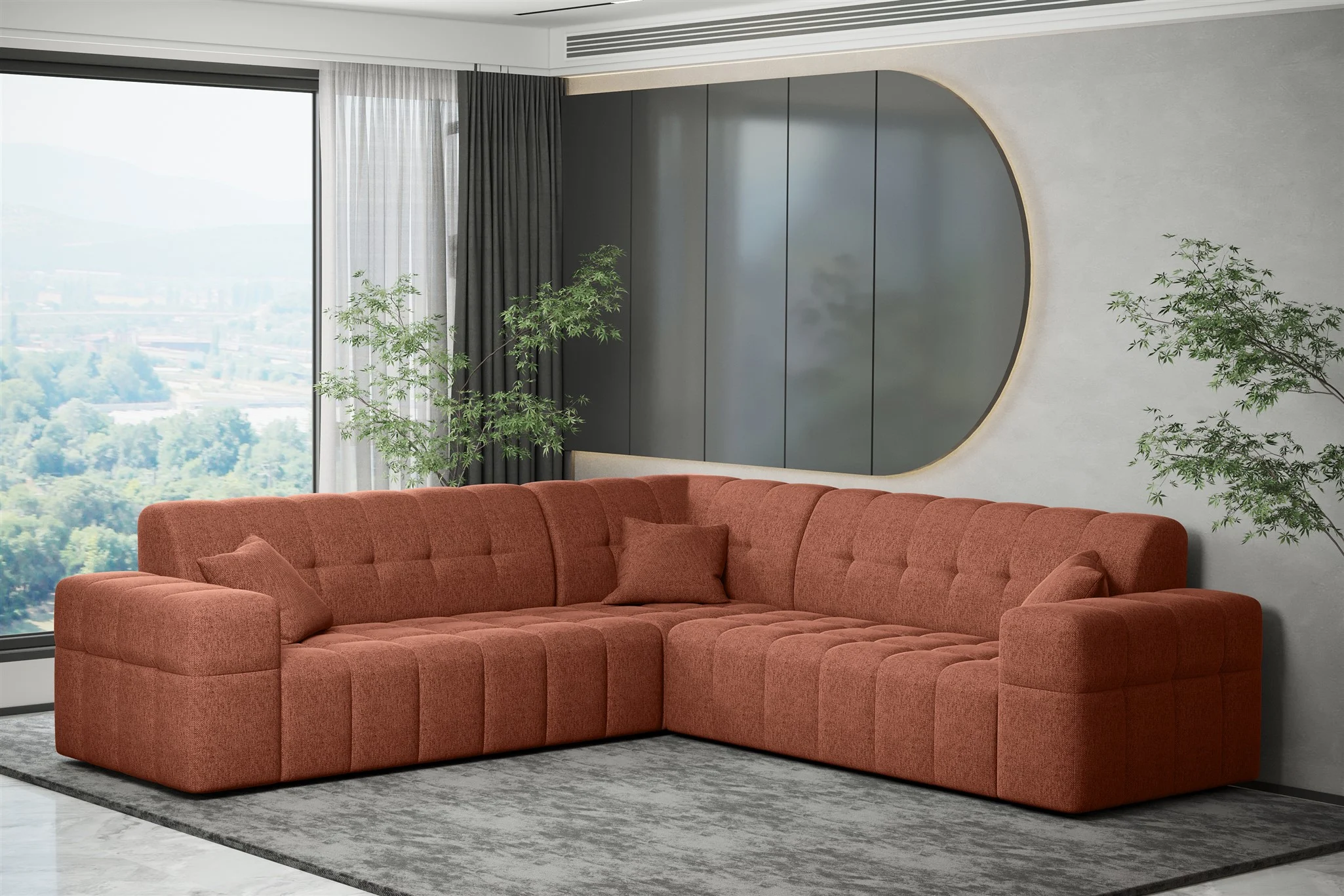 Ecksofa Designersofa NANCY in Stoff Neve Rostbraun Seite Universal - Fun Möbel
